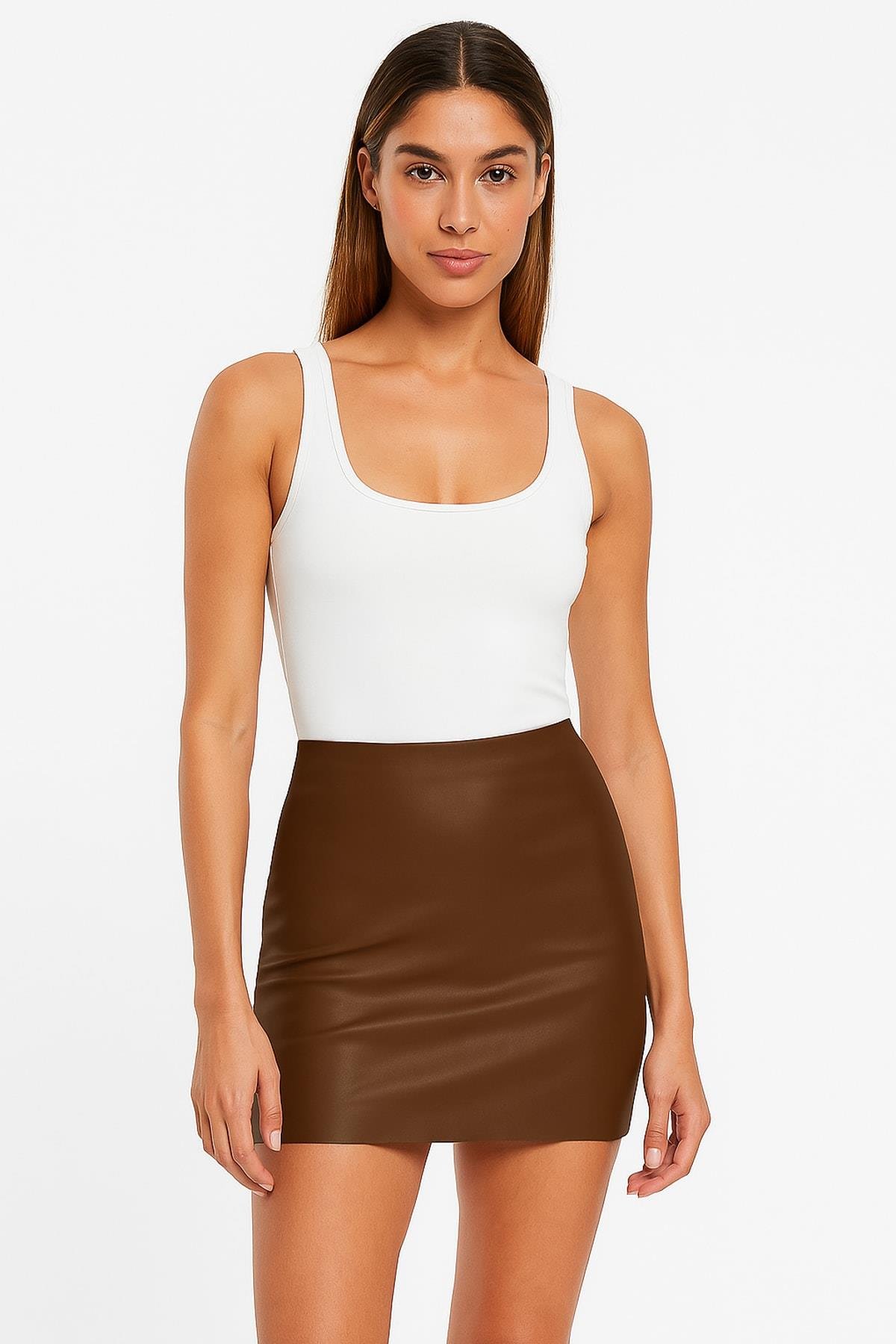 TWIST Suni Deri Kahve Slim Fit Mini Etek