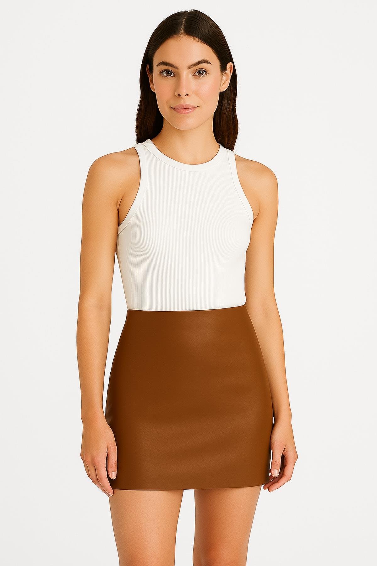 TWIST Suni Deri Taba Slim Fit Mini Etek