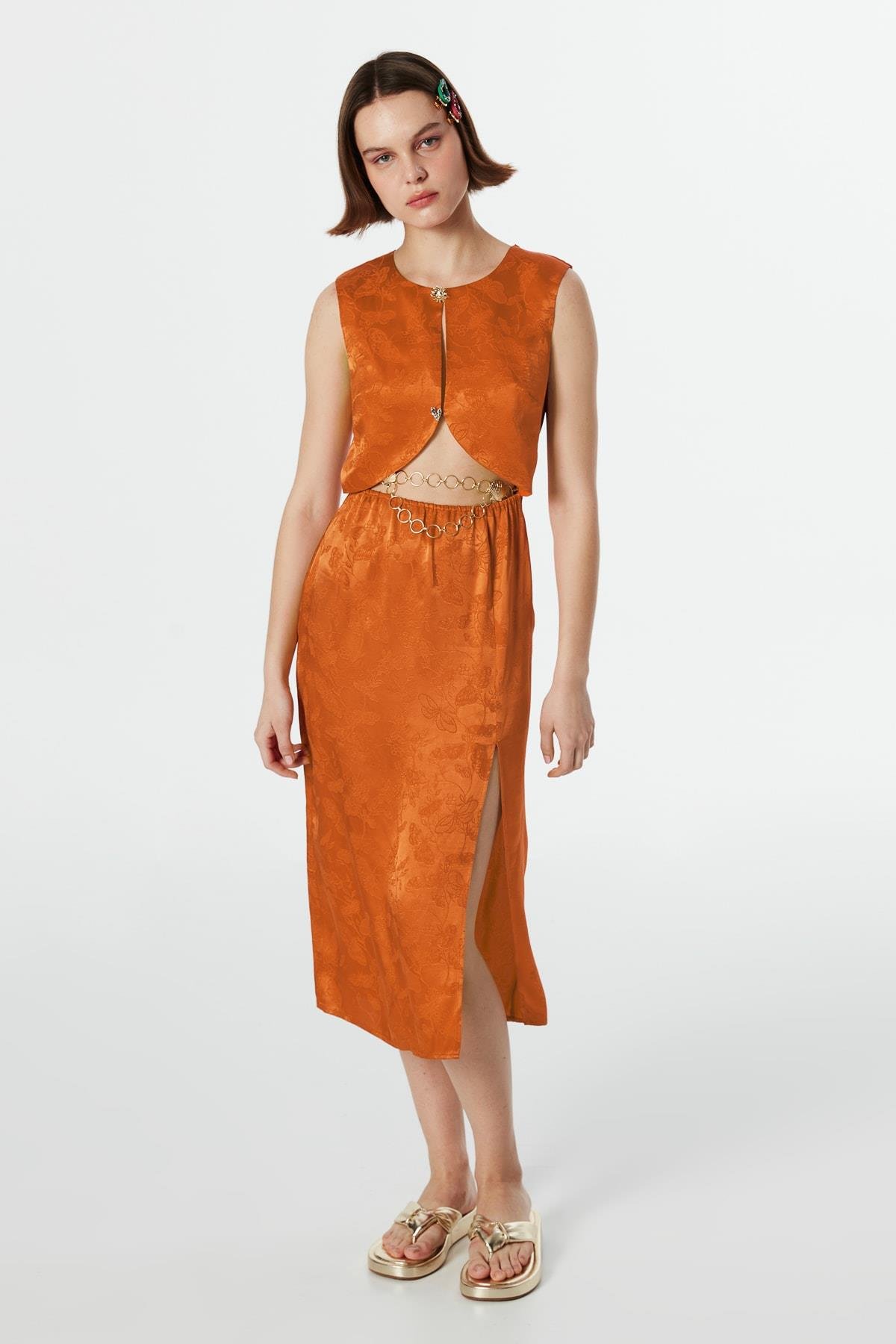 TWIST Turuncu Jakarlı Saten Elbise