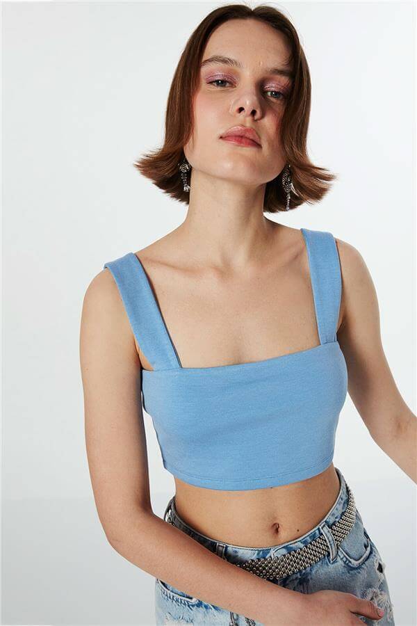 TWIST Mavi Kalın Askılı Crop Penye