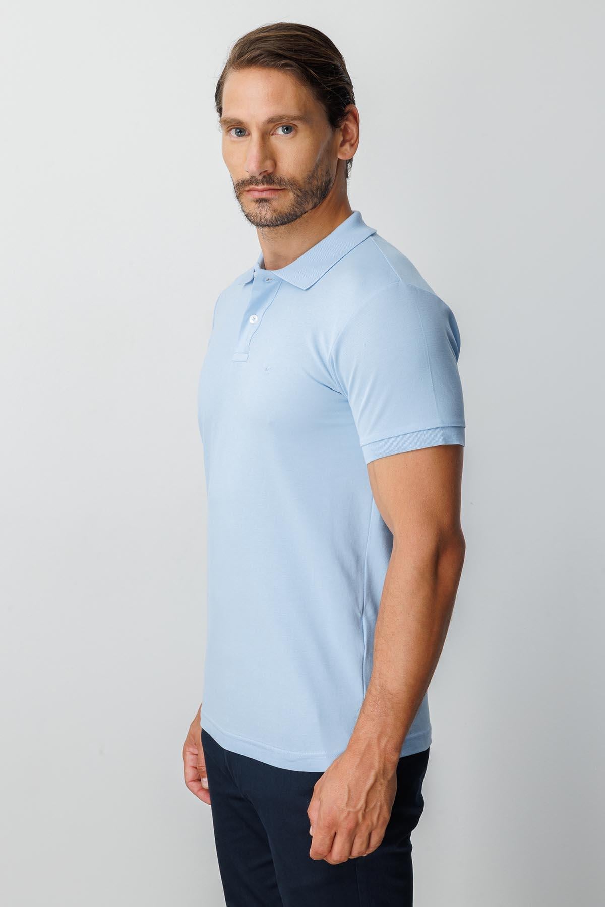 Açık Mavi Modern Fit Dar Kalıp Polo Yaka Düz Kısa Kollu  %100 Pamuk Tişört