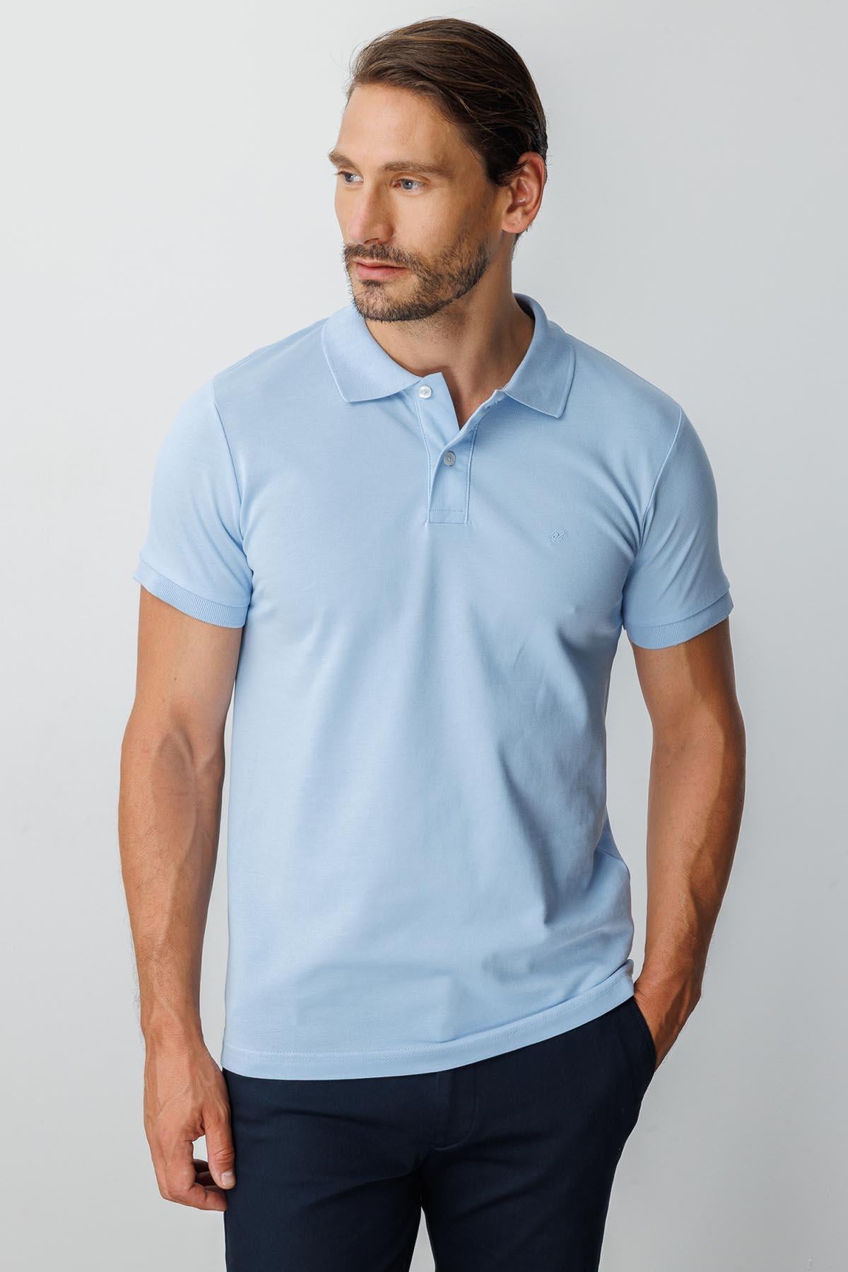 Açık Mavi Modern Fit Dar Kalıp Polo Yaka Düz Kısa Kollu  %100 Pamuk Tişört