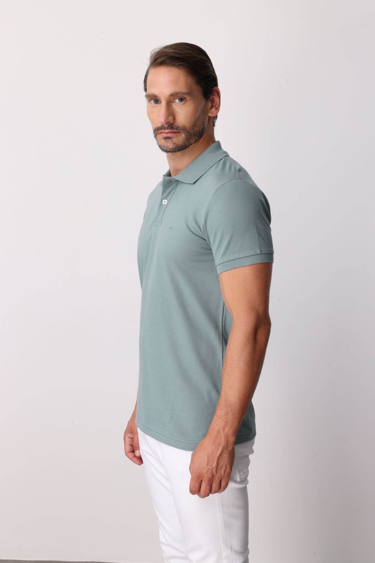 Açık Yeşil Modern Fit Dar Kalıp Polo Yaka Düz Kısa Kollu %100 Pamuk Tişört