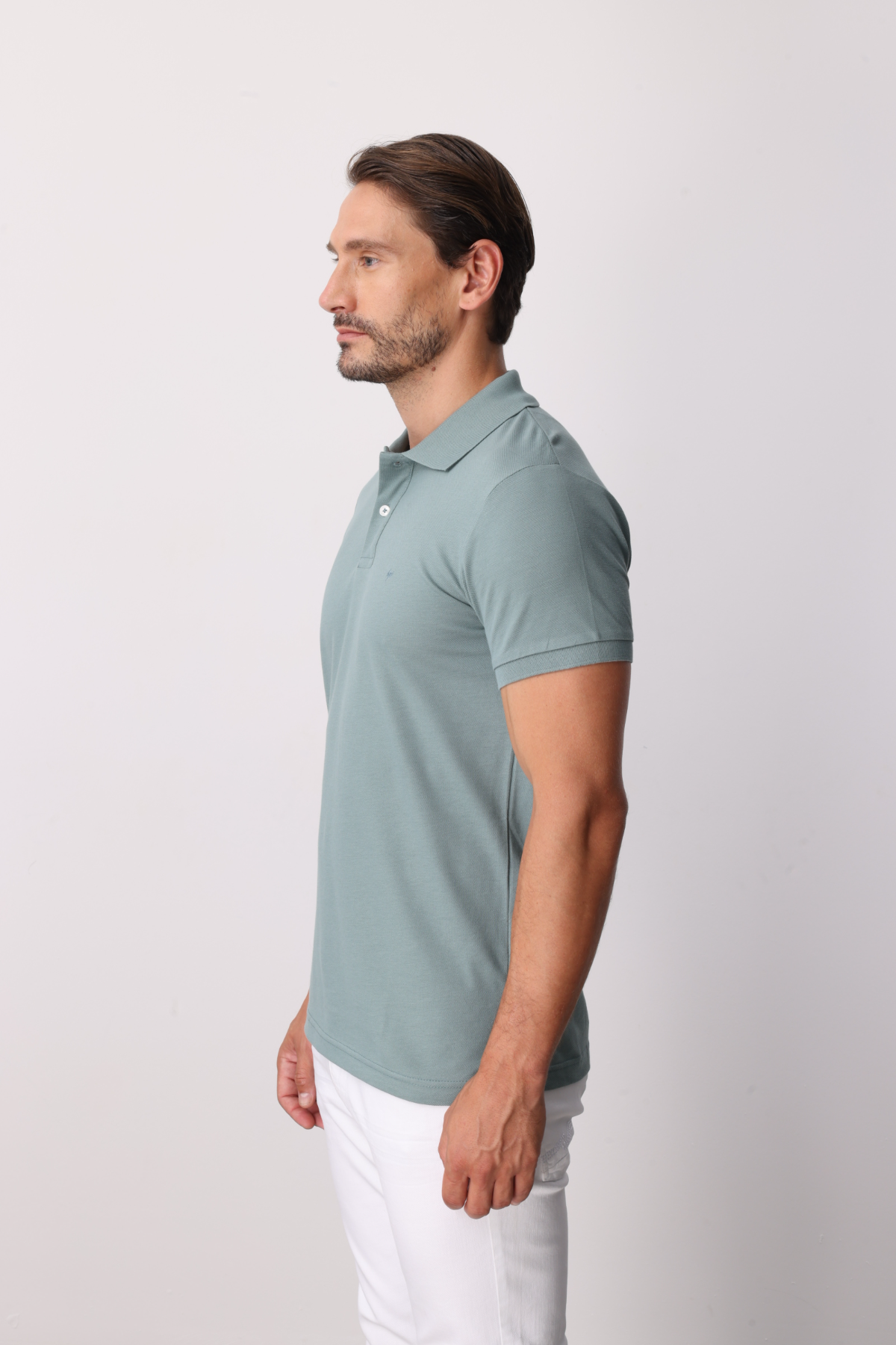 Açık Yeşil Modern Fit Dar Kalıp Polo Yaka Düz Kısa Kollu %100 Pamuk Tişört