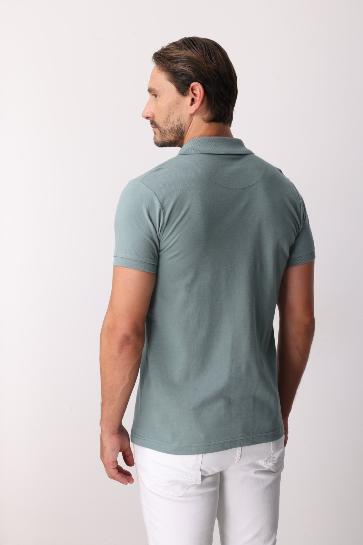 Açık Yeşil Modern Fit Dar Kalıp Polo Yaka Düz Kısa Kollu %100 Pamuk Tişört