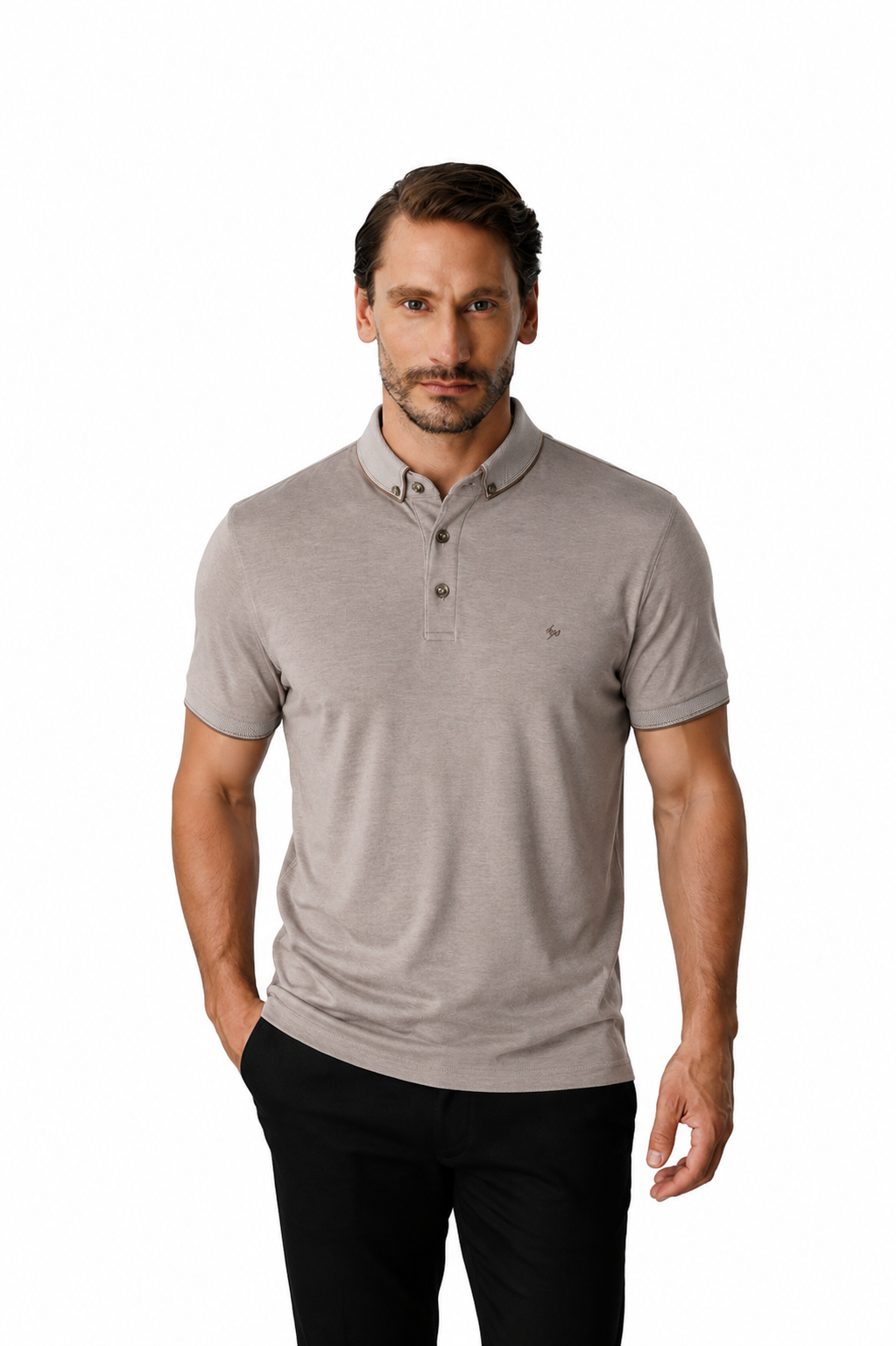 Bej Slim Fit Dar Kalıp Düğmeli Polo Yaka Düz Kısa Kollu Pamuklu Tişört