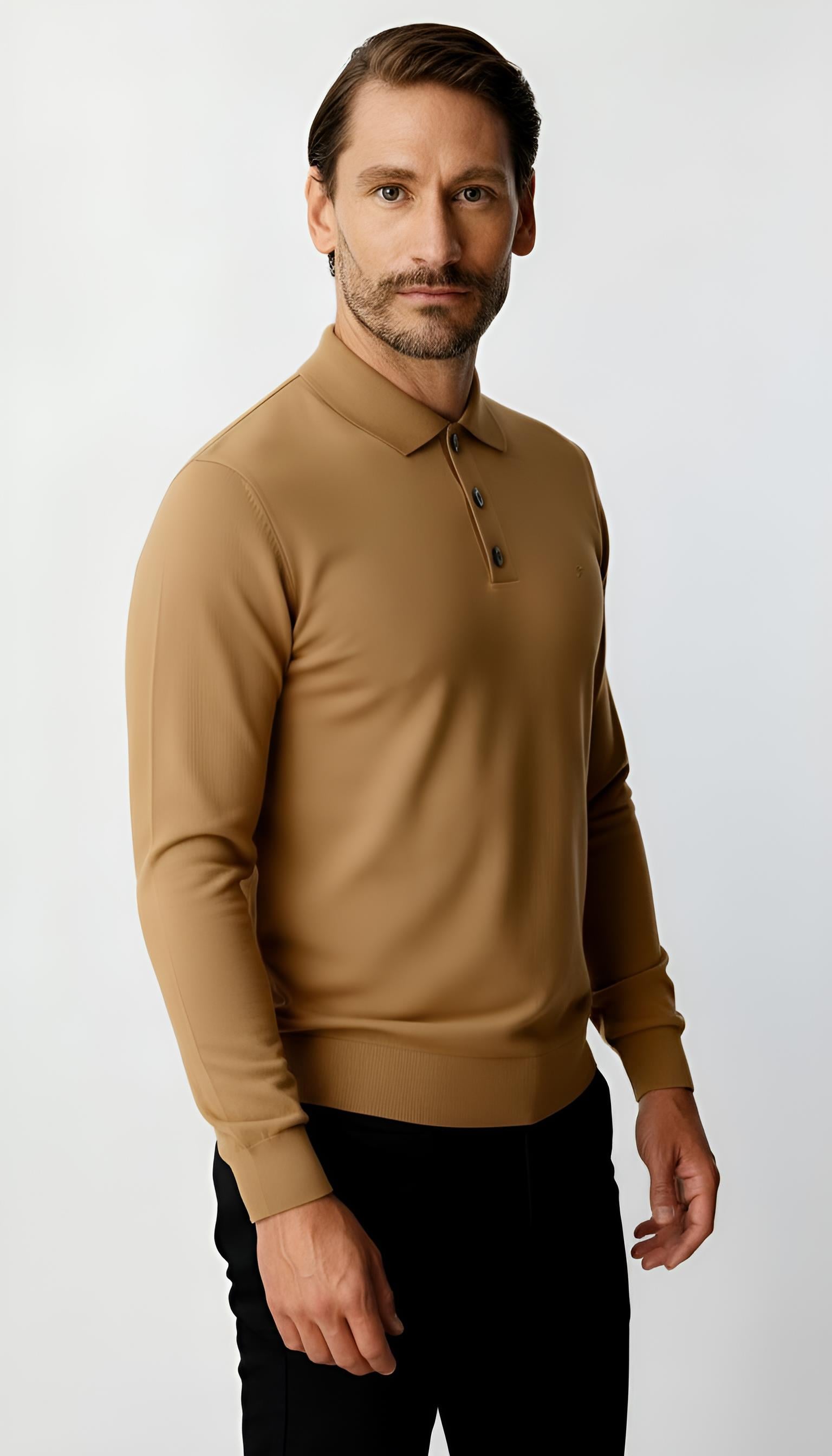 Bej Standart Fit Dar Kalıp Polo Yaka Düğmeli Düz Uzun Kollu Triko