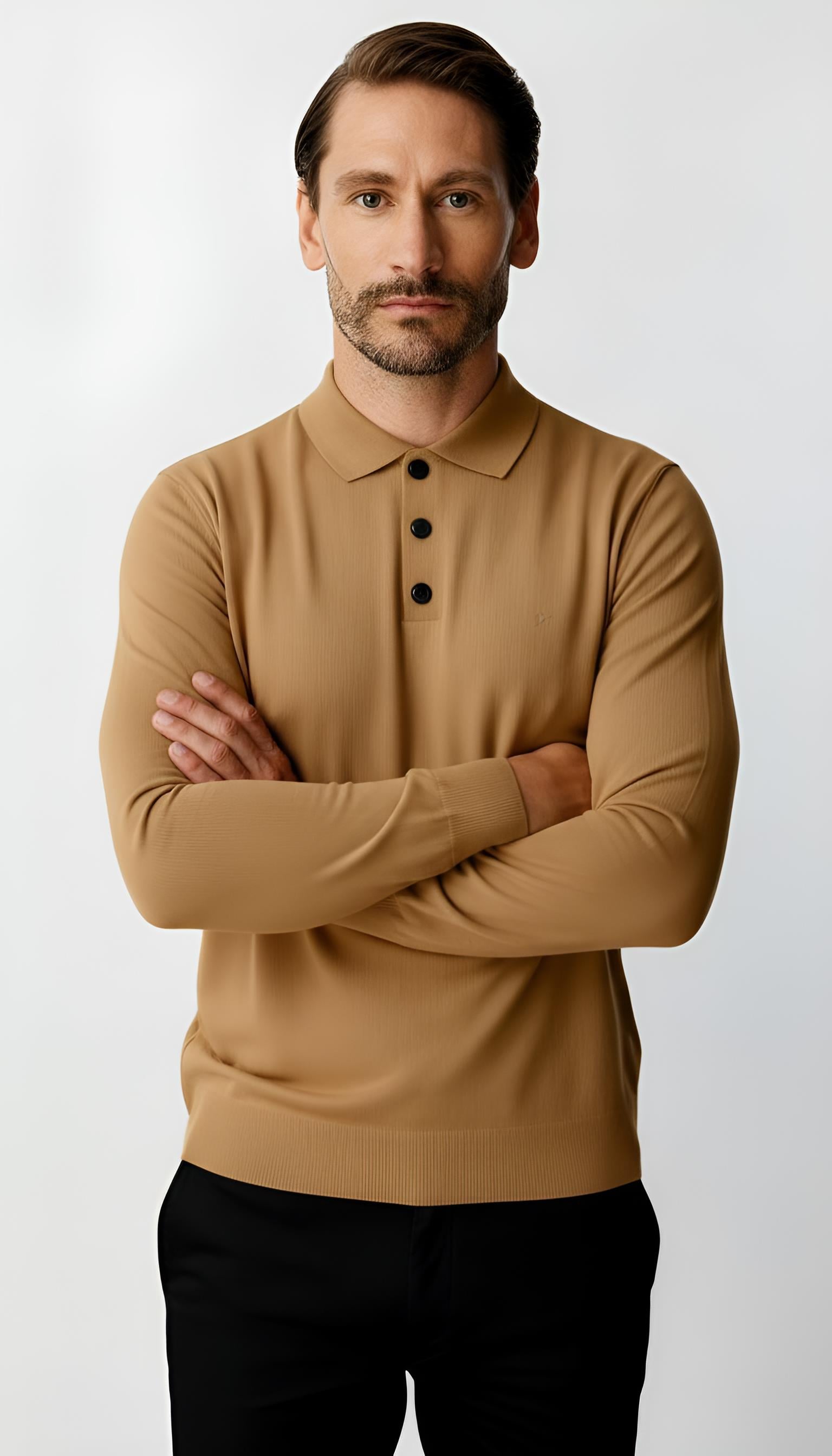 Bej Standart Fit Dar Kalıp Polo Yaka Düğmeli Düz Uzun Kollu Triko