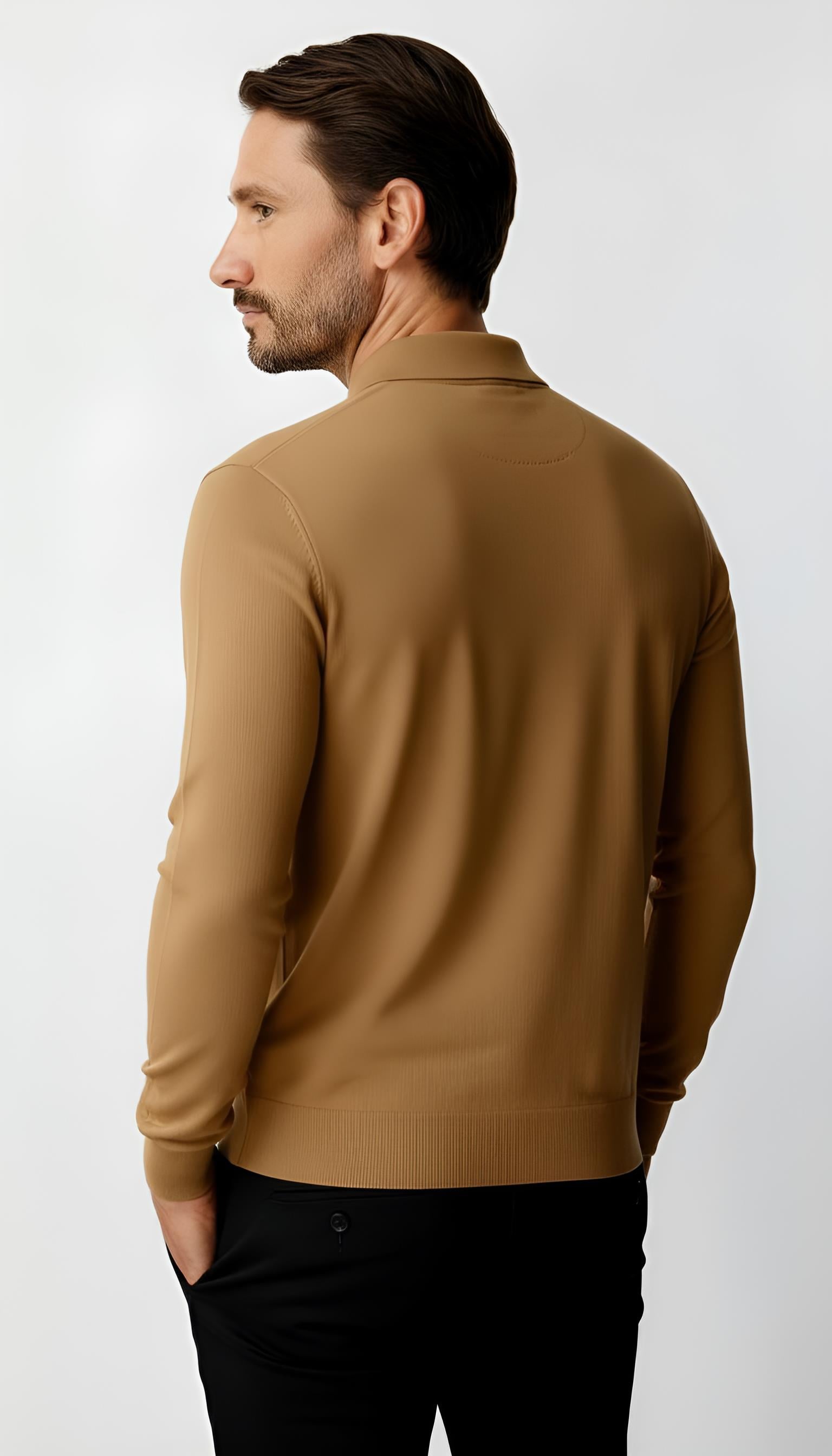 Bej Standart Fit Dar Kalıp Polo Yaka Düğmeli Düz Uzun Kollu Triko