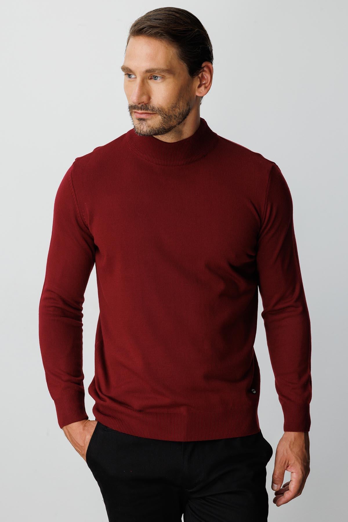 Bordo Modern Fit Dar Kalıp Yarım Balıkçı Düz Uzun Kollu Triko
