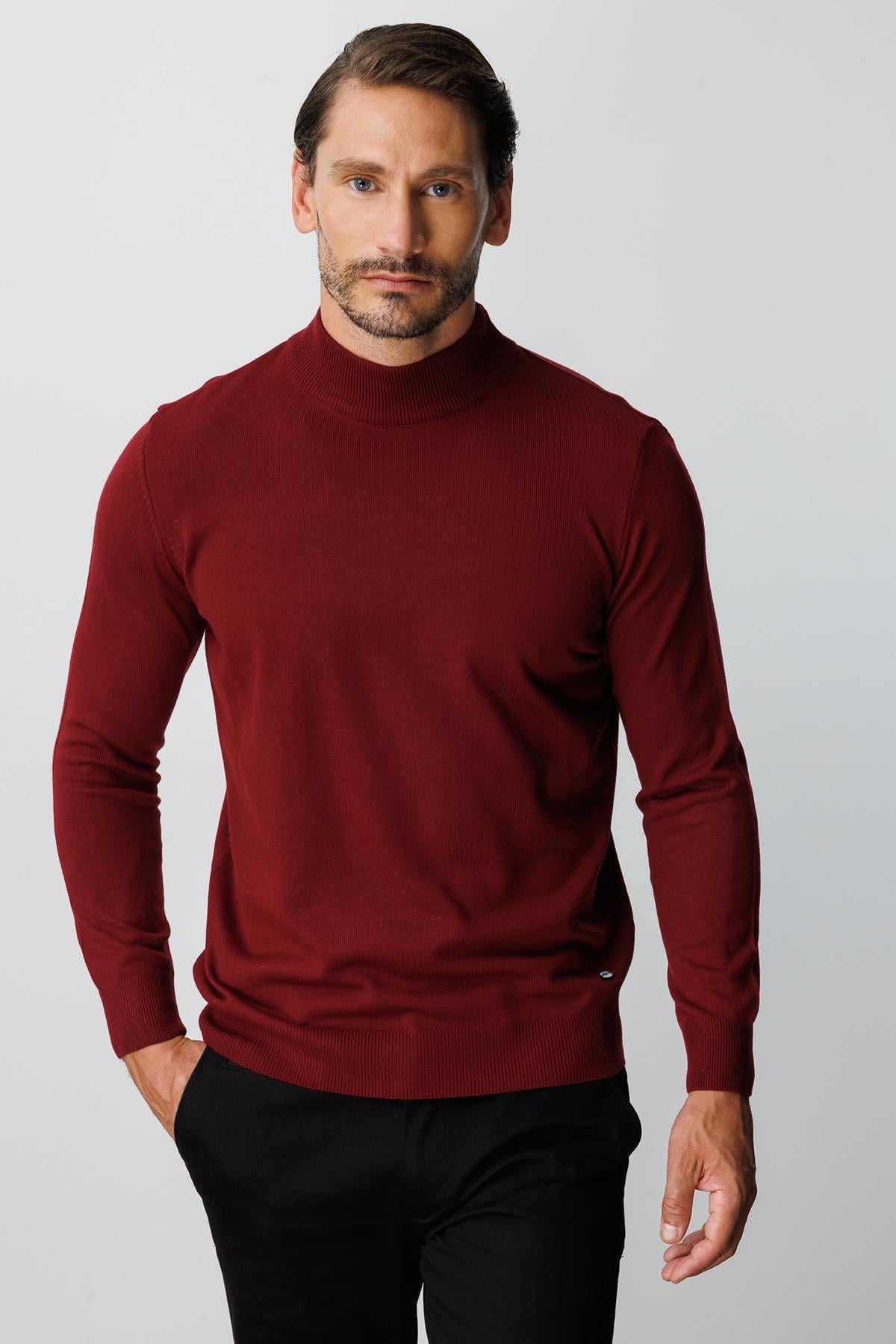 Bordo Modern Fit Dar Kalıp Yarım Balıkçı Düz Uzun Kollu Triko
