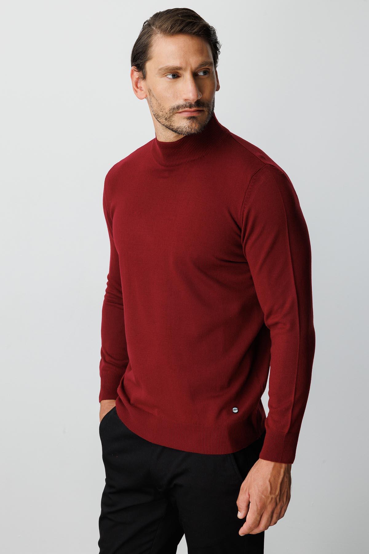 Bordo Modern Fit Dar Kalıp Yarım Balıkçı Düz Uzun Kollu Triko
