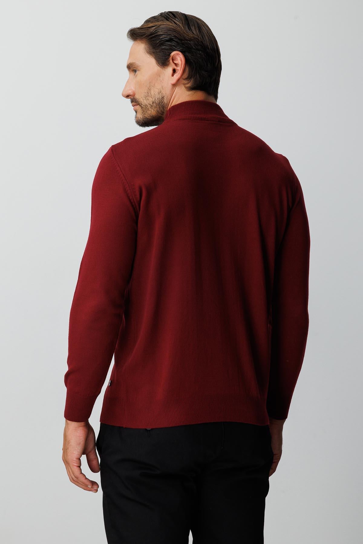 Bordo Modern Fit Dar Kalıp Yarım Balıkçı Düz Uzun Kollu Triko