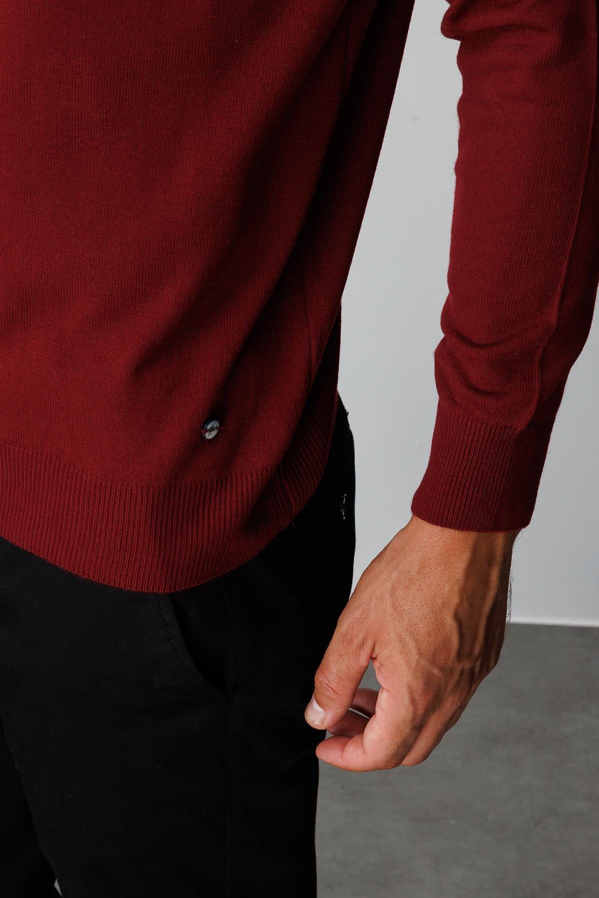 Bordo Modern Fit Dar Kalıp Yarım Balıkçı Düz Uzun Kollu Triko