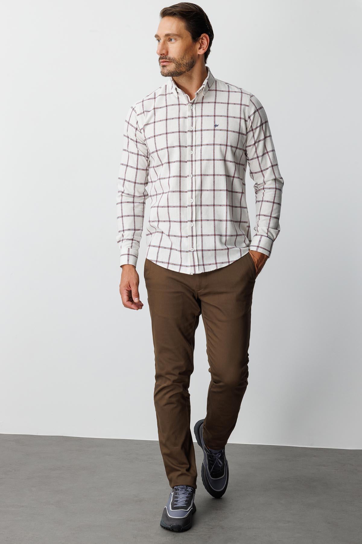 Ekru Dynamic Fit  Düğmeli Yaka  Ekose Uzun Kollu Pamuklu Gömlek