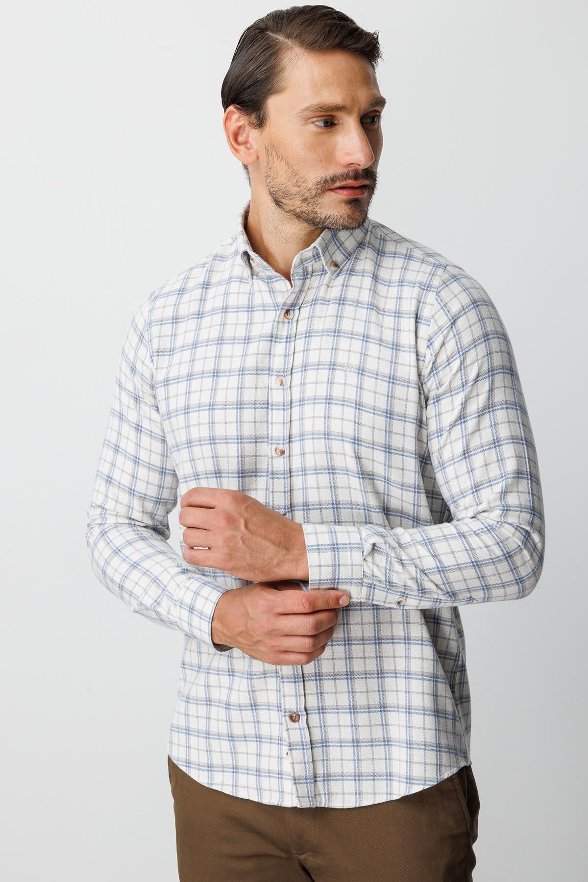 Erkek Ekru Dynamic Fit Ekose Desenli Uzun Kollu Pamuklu Gömlek