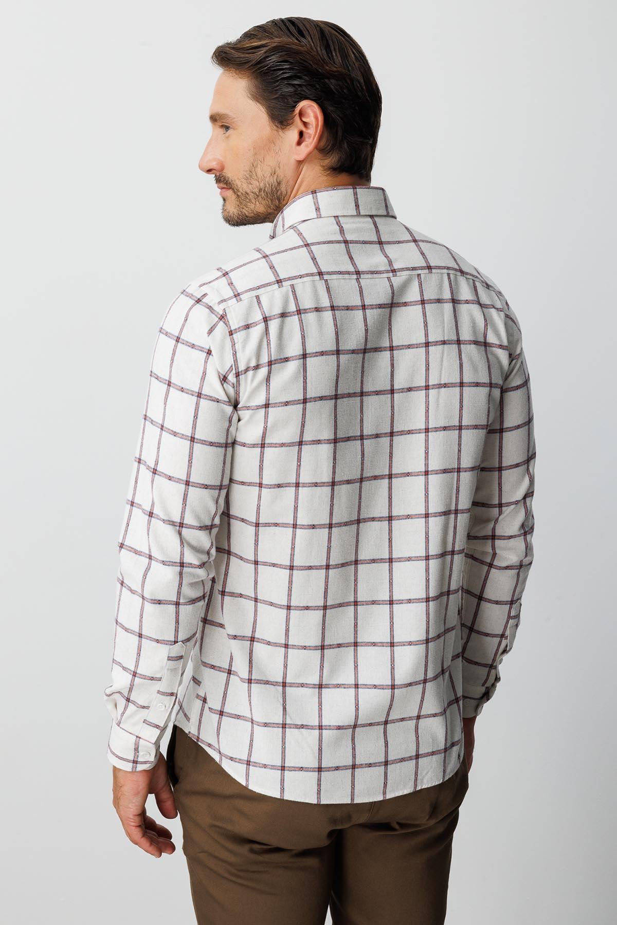 Ekru Dynamic Fit  Düğmeli Yaka  Ekose Uzun Kollu Pamuklu Gömlek