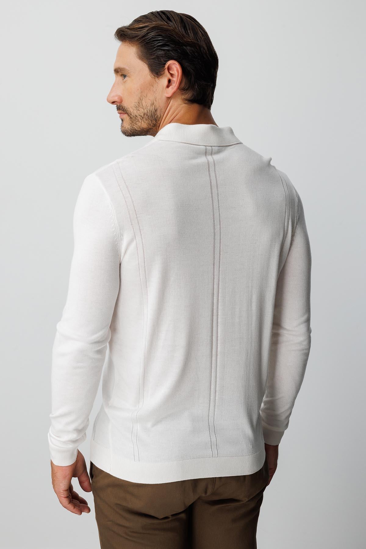 Ekru Standart Fit Dar Kalıp Polo Yaka Düz Uzun Kollu Triko