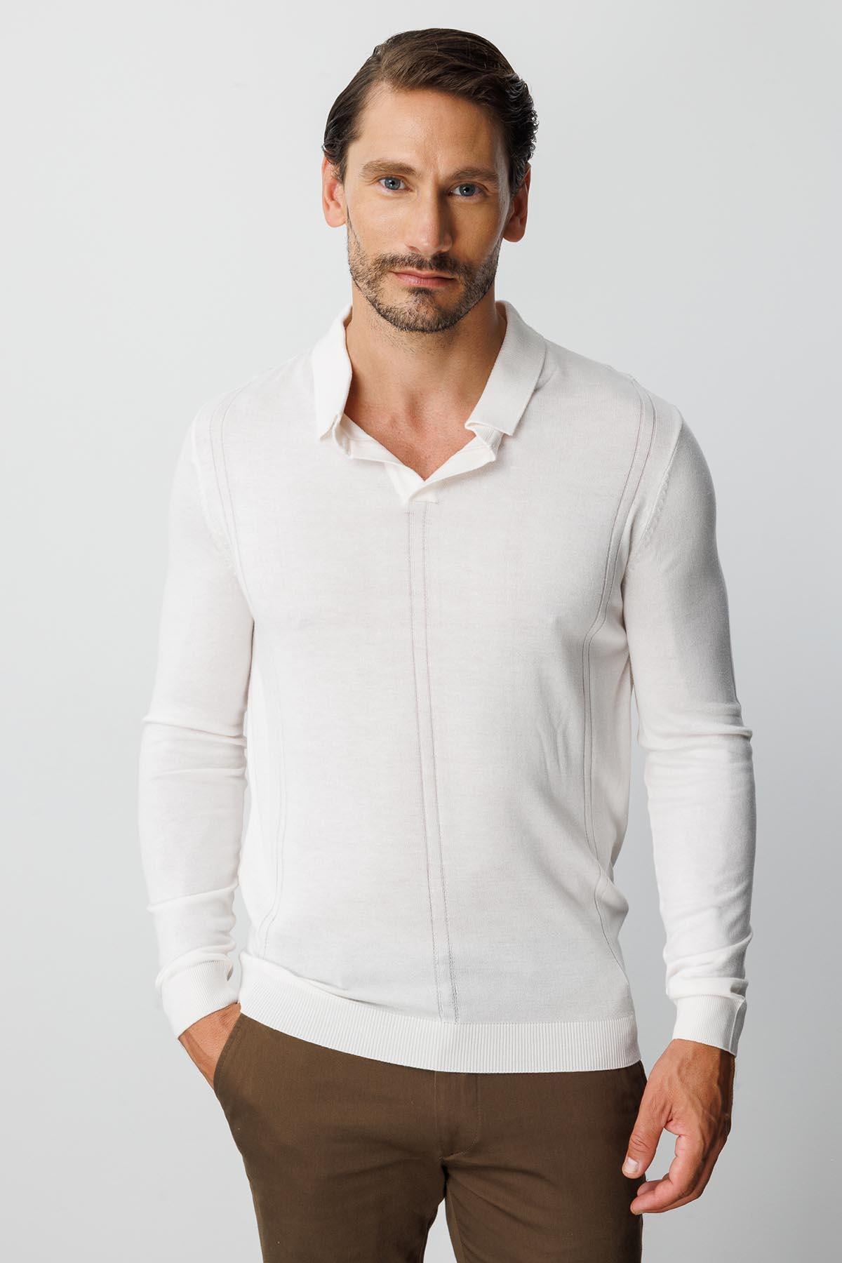Ekru Standart Fit Dar Kalıp Polo Yaka Düz Uzun Kollu Triko