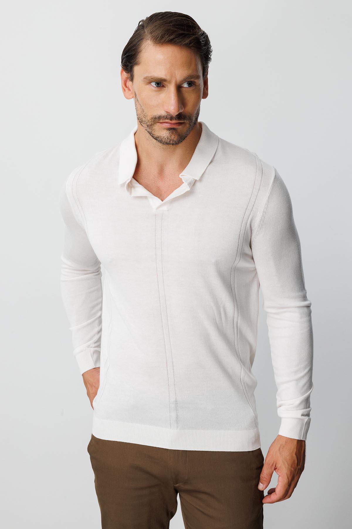 Ekru Standart Fit Dar Kalıp Polo Yaka Düz Uzun Kollu Triko