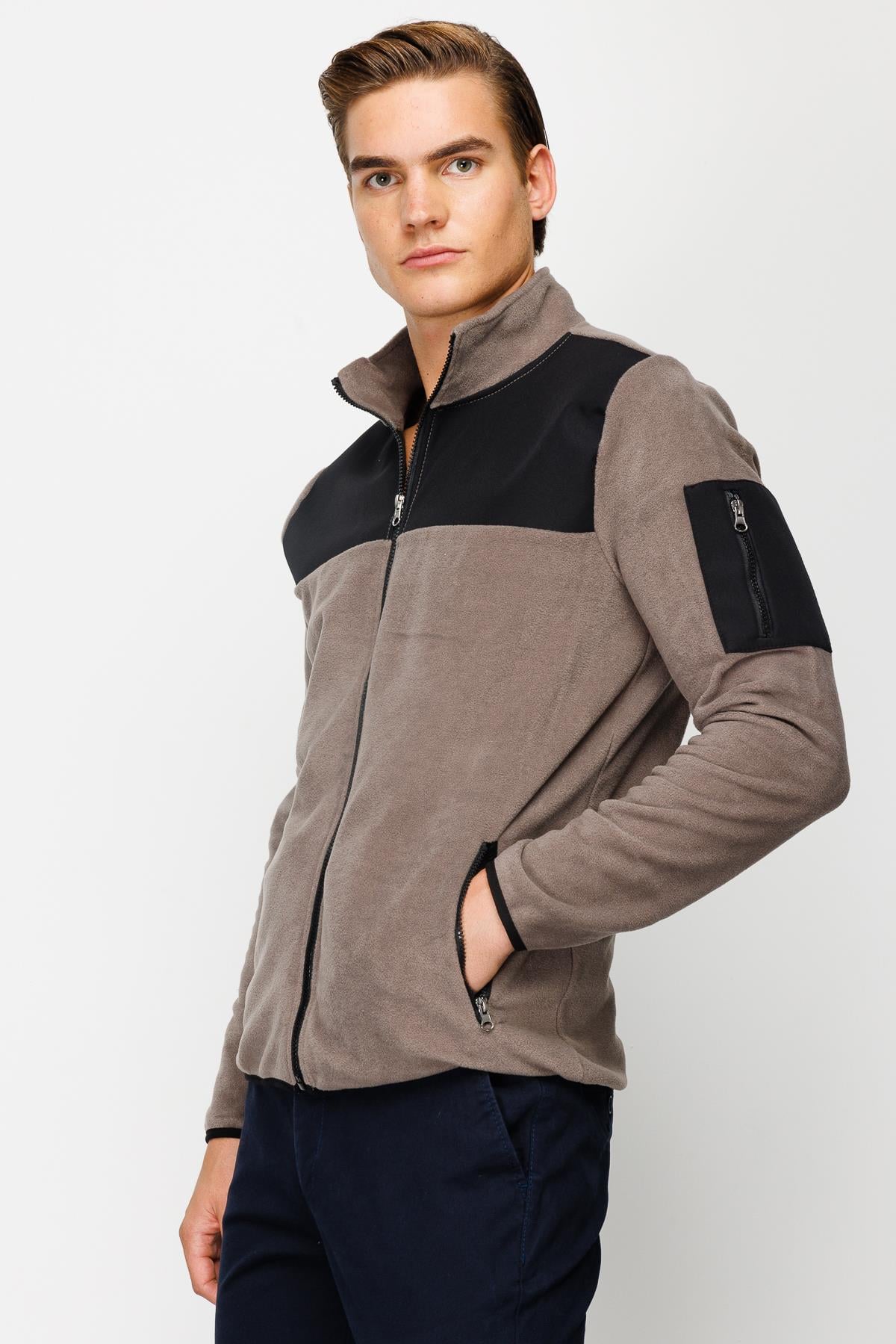 Açık Kahve Erkek Polar Sweatshirt Tam Fermuarlı Dik Yaka Model