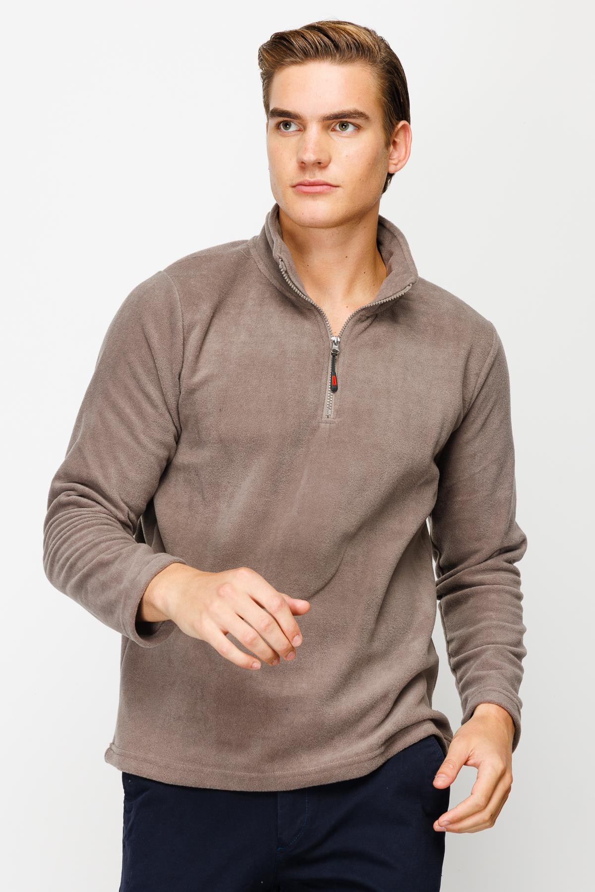 Açık Kahve Erkek Yarım Fermuar Polar Sweatshirt Dik Yaka Model