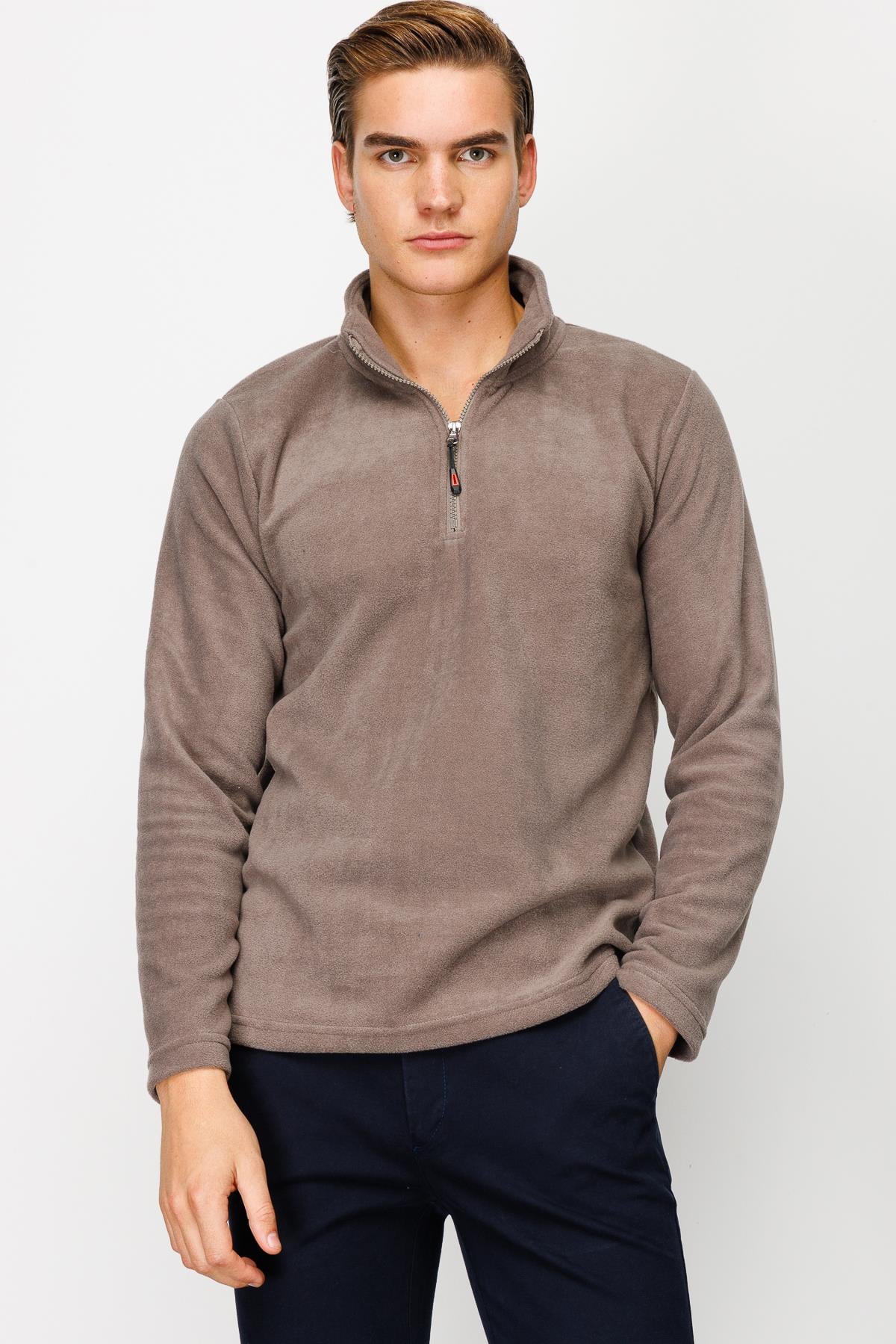 Açık Kahve Erkek Yarım Fermuar Polar Sweatshirt Dik Yaka Model