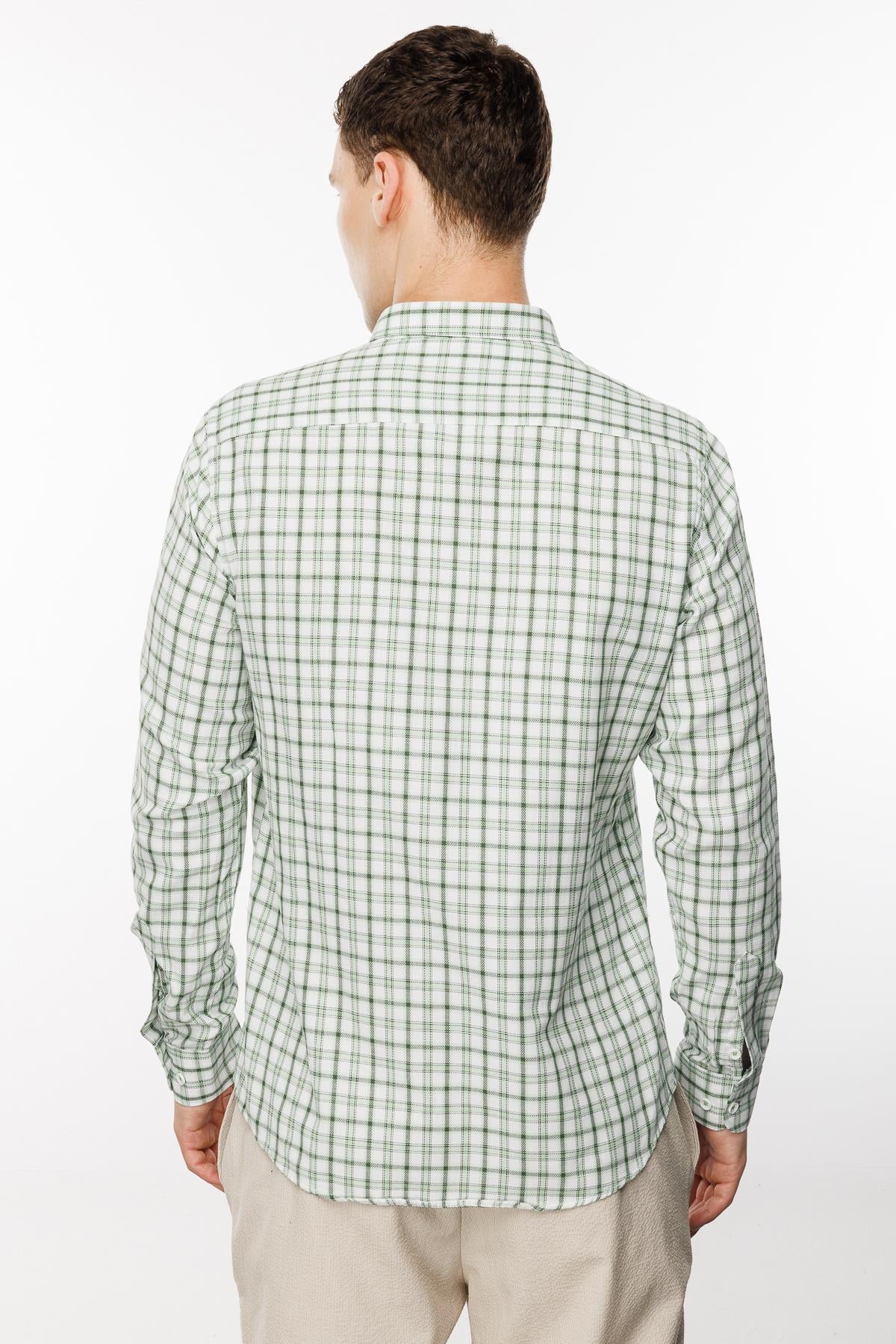 Açık Yeşil Dynamic Fit  Düğmeli Yaka Ekose Uzun Kollu Cepsiz Pamuklu Gömlek