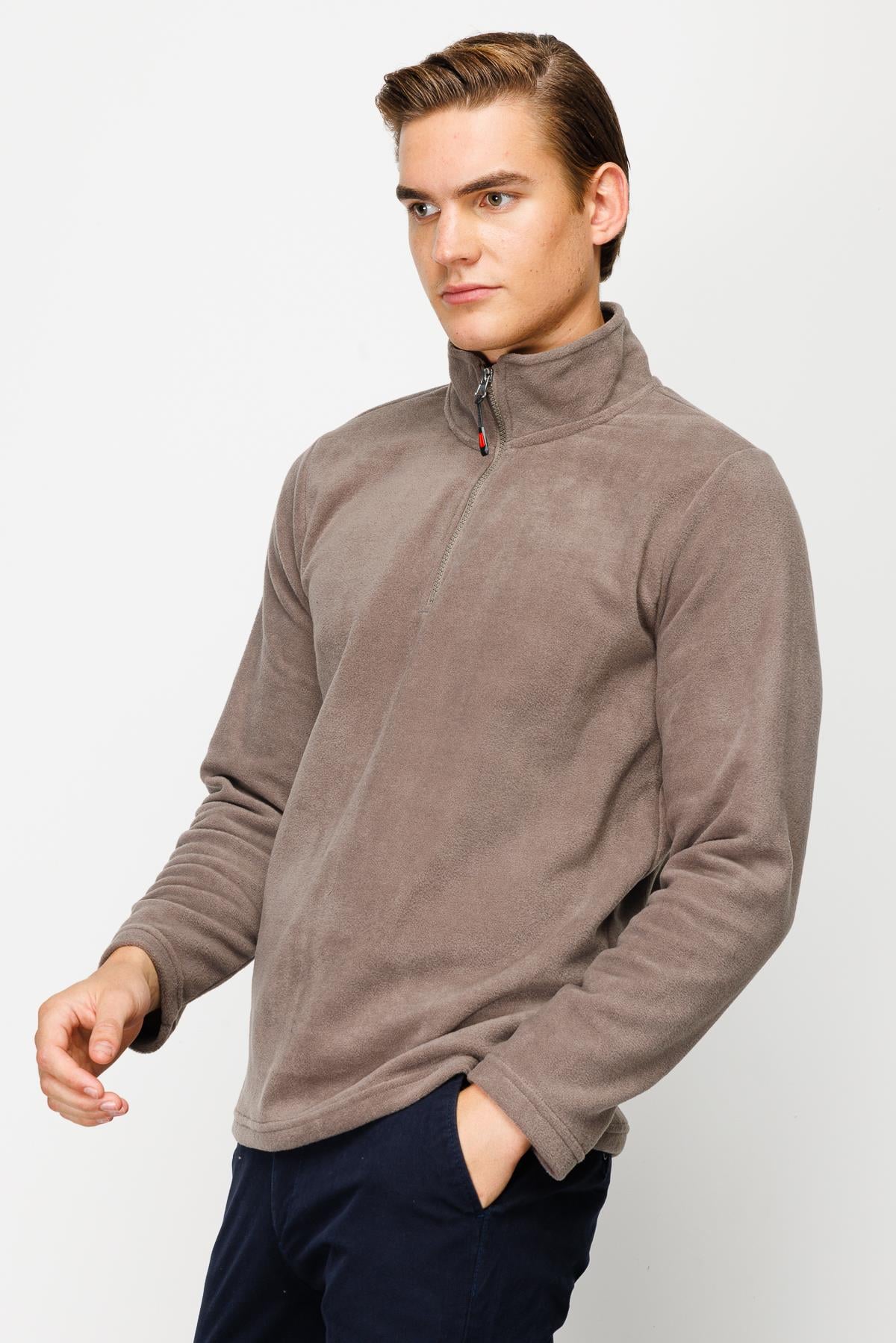 Açık Kahve Erkek Yarım Fermuar Polar Sweatshirt Dik Yaka Model