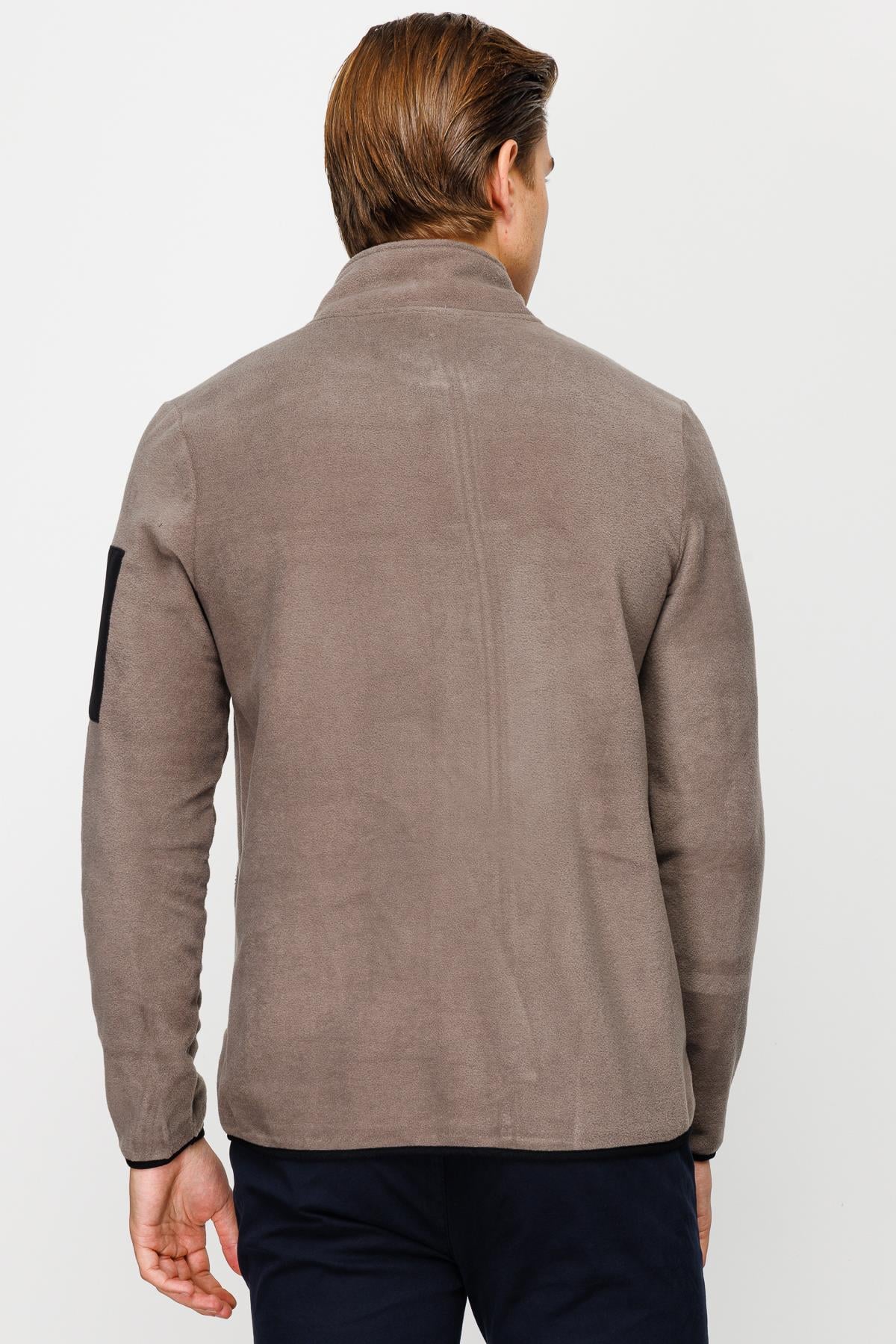 Açık Kahve Erkek Polar Sweatshirt Tam Fermuarlı Dik Yaka Model