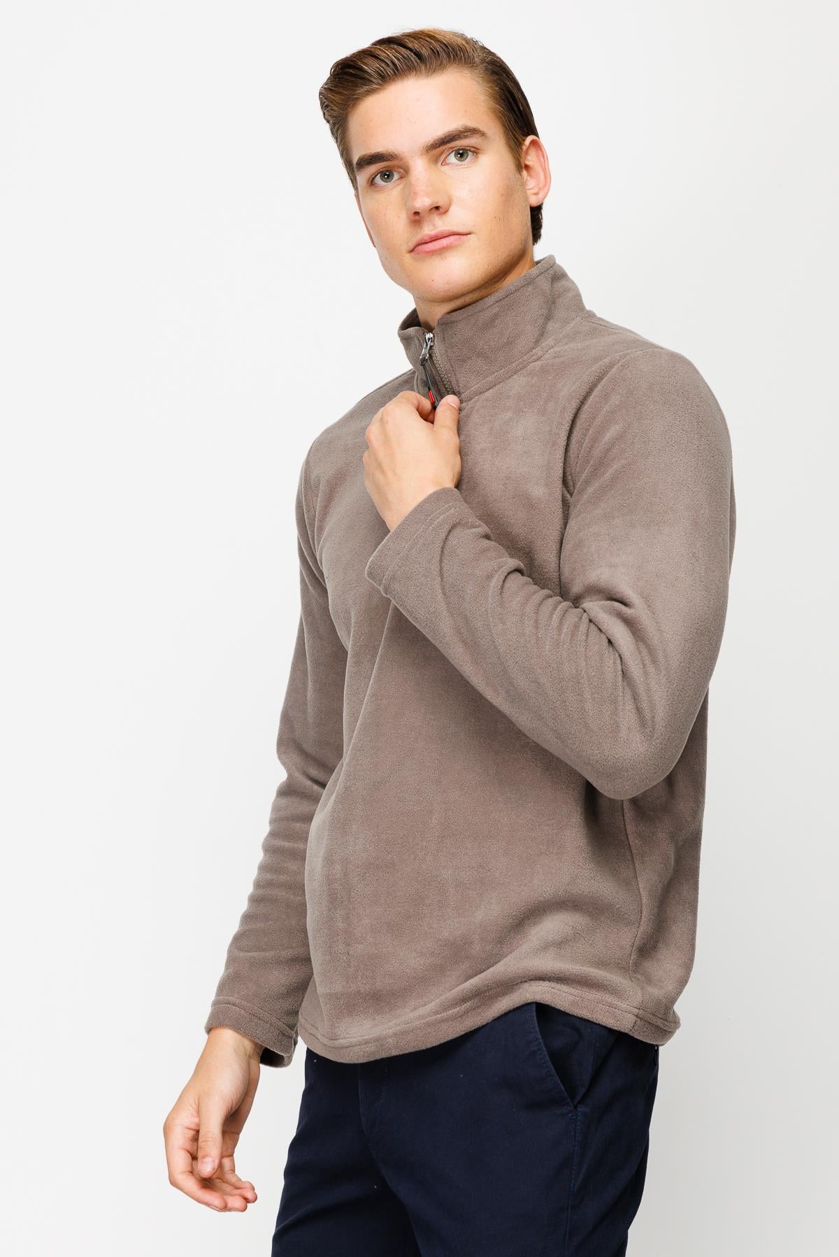 Açık Kahve Erkek Yarım Fermuar Polar Sweatshirt Dik Yaka Model
