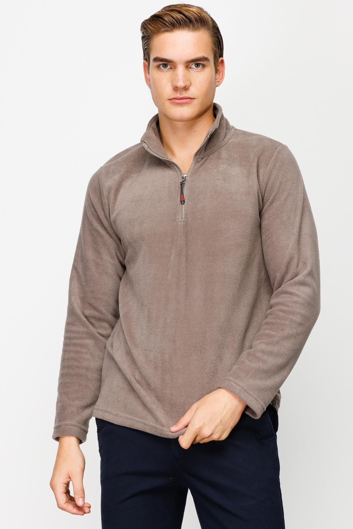 Açık Kahve Erkek Yarım Fermuar Polar Sweatshirt Dik Yaka Model