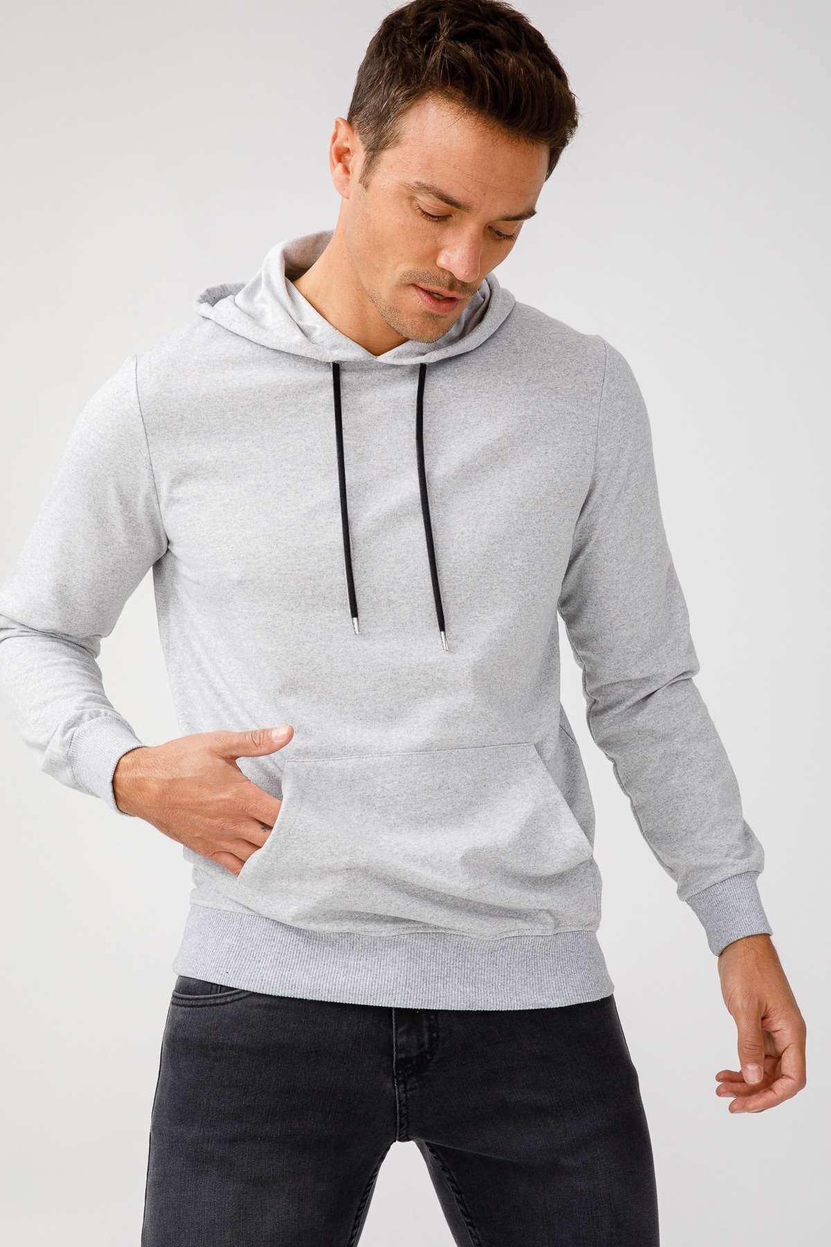 Erkek A.Gri Modernfit / Ekstra Dar Kalıp Kapşonlu Fermuarsız Sweatshirt