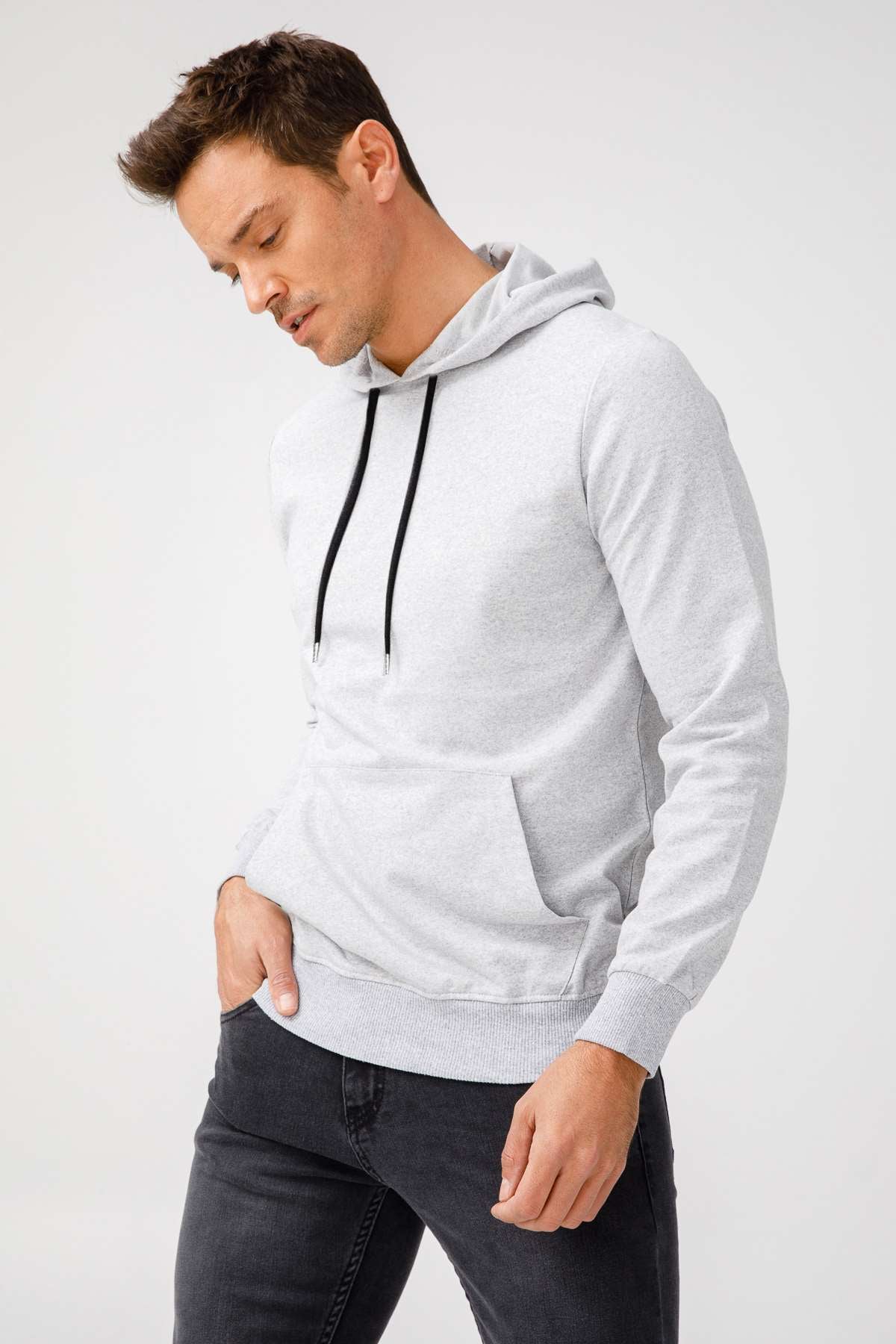 Erkek A.Gri Modernfit / Ekstra Dar Kalıp Kapşonlu Fermuarsız Sweatshirt