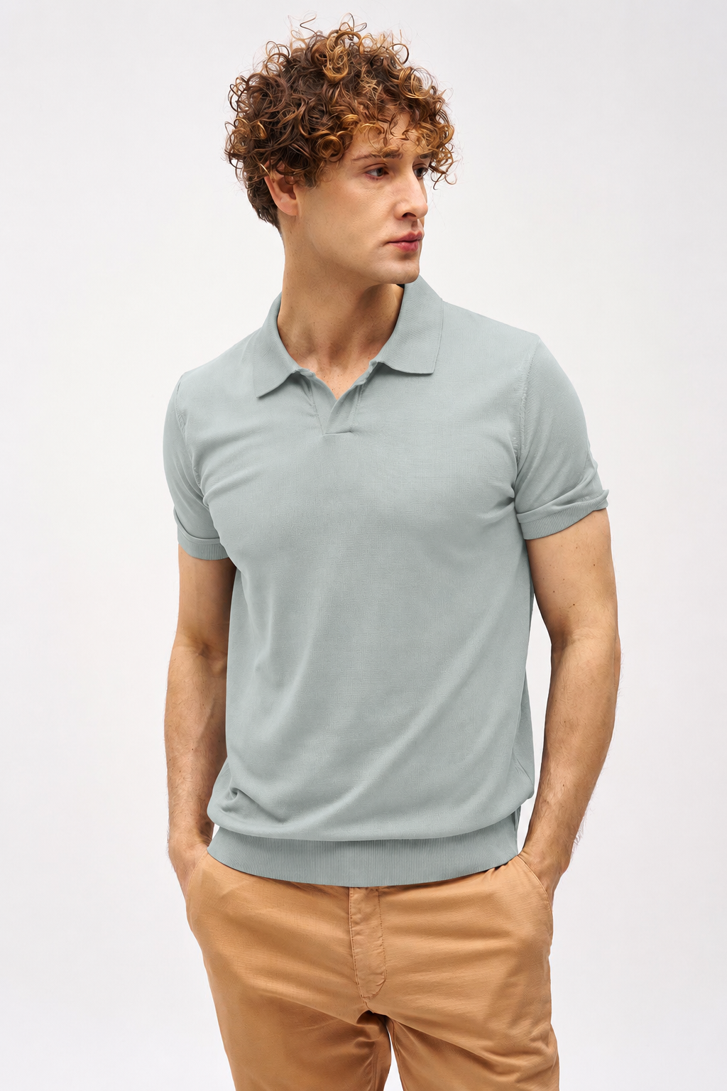 Erkek Açık Yeşil Slim Fit Dar Kalıp Polo Yaka Düz Kısa Kollu Triko Tişört
