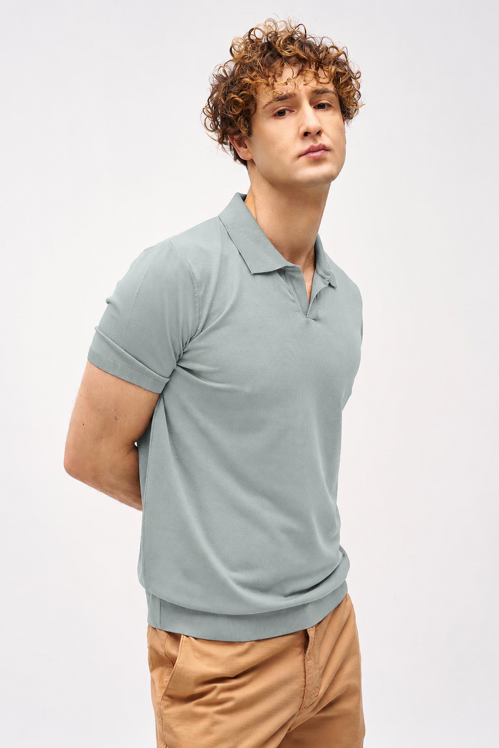 Erkek Açık Yeşil Slim Fit Dar Kalıp Polo Yaka Düz Kısa Kollu Triko Tişört