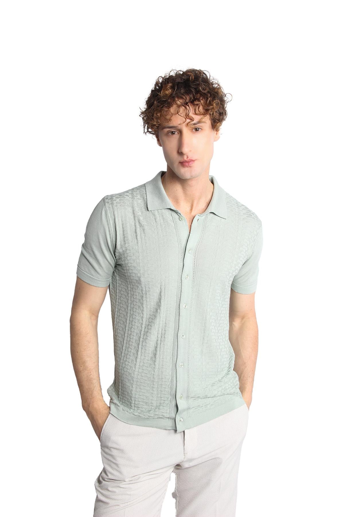 Erkek Açık Yeşil Slim Fit Dar Kalıp Düğmeli Polo Yaka Desenli Kısa Kollu Triko Tişört