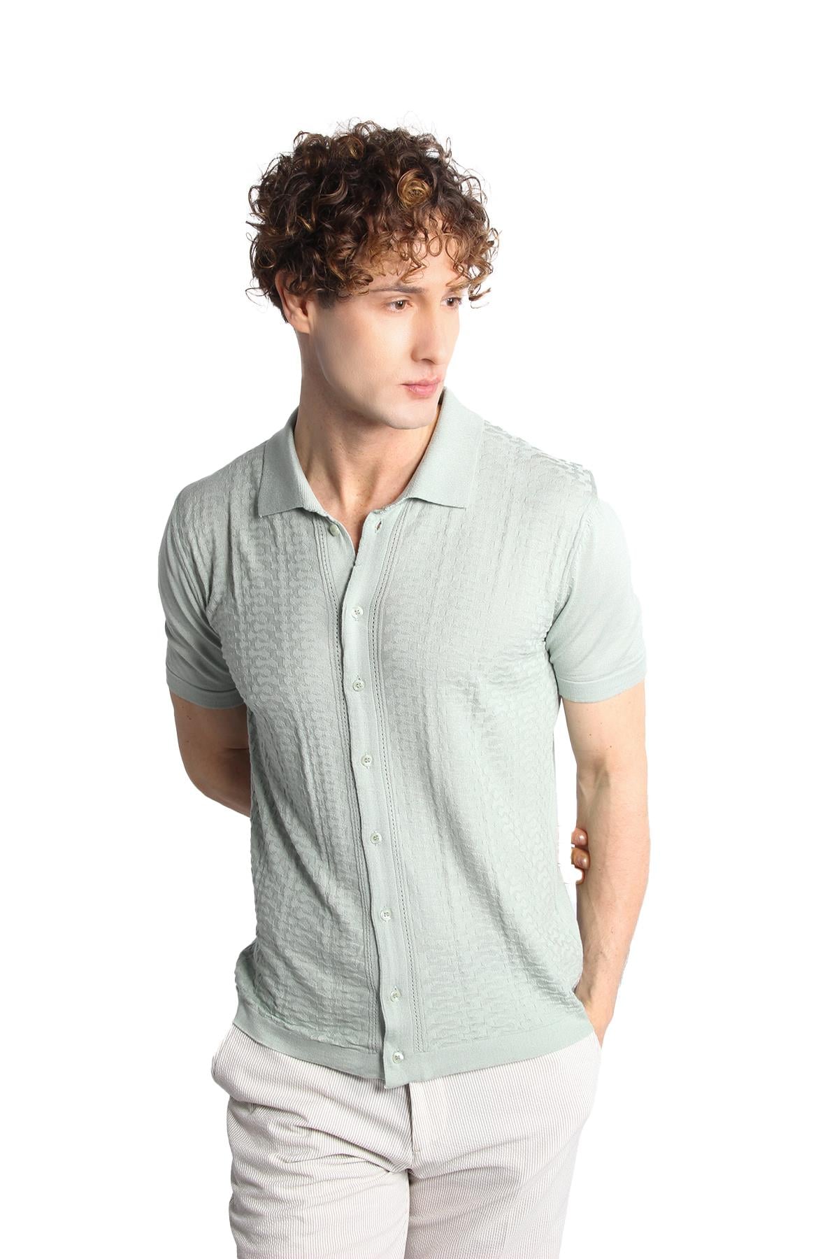 Erkek Açık Yeşil Slim Fit Dar Kalıp Düğmeli Polo Yaka Desenli Kısa Kollu Triko Tişört
