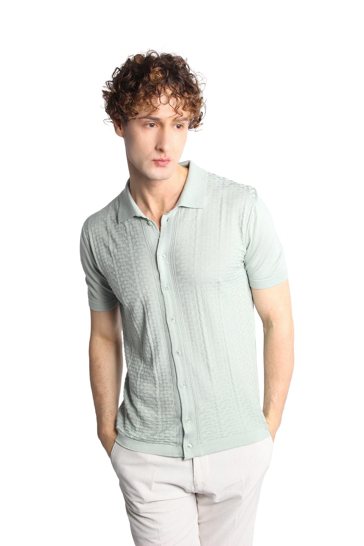 Erkek Açık Yeşil Slim Fit Dar Kalıp Düğmeli Polo Yaka Desenli Kısa Kollu Triko Tişört