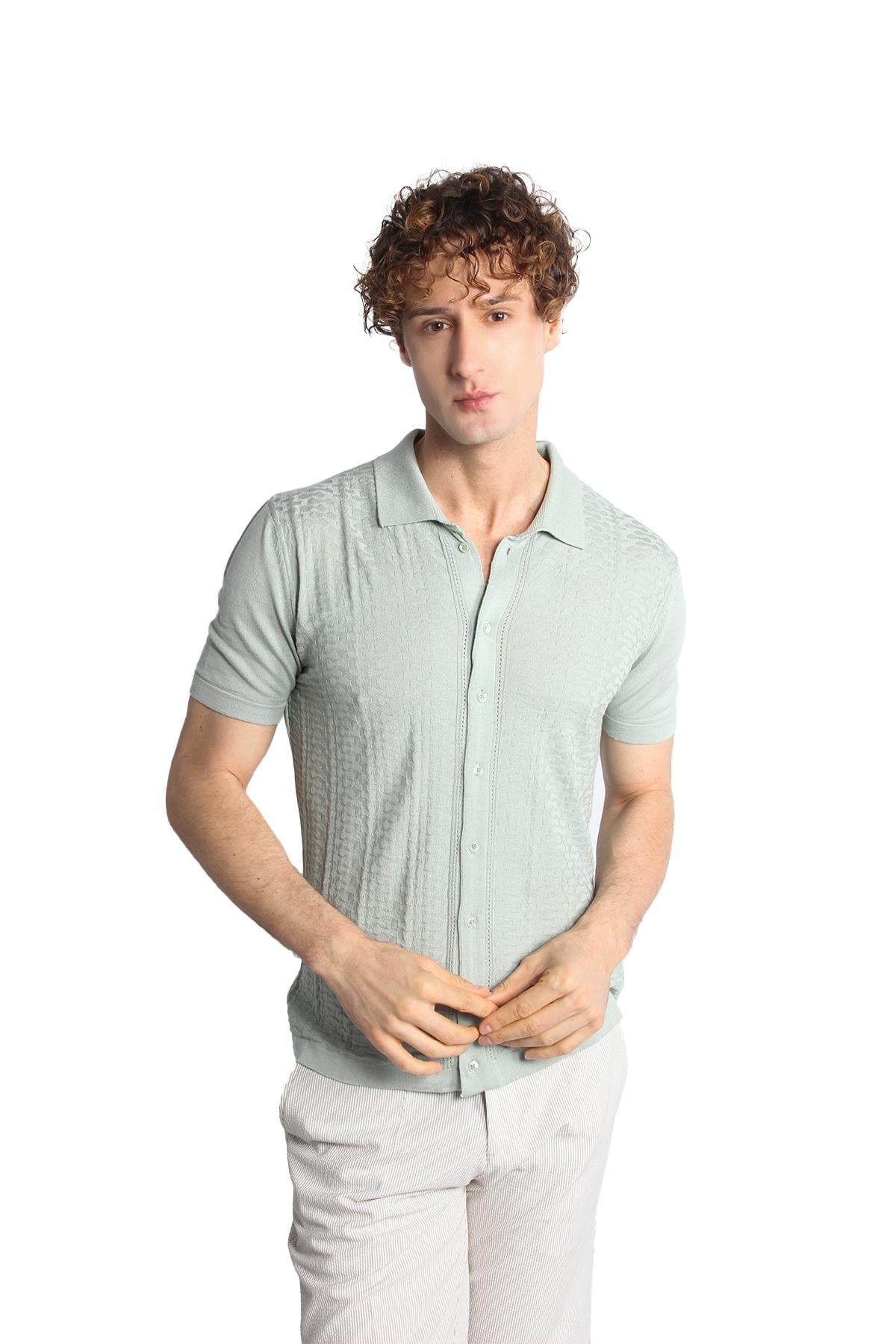 Erkek Açık Yeşil Slim Fit Dar Kalıp Düğmeli Polo Yaka Desenli Kısa Kollu Triko Tişört