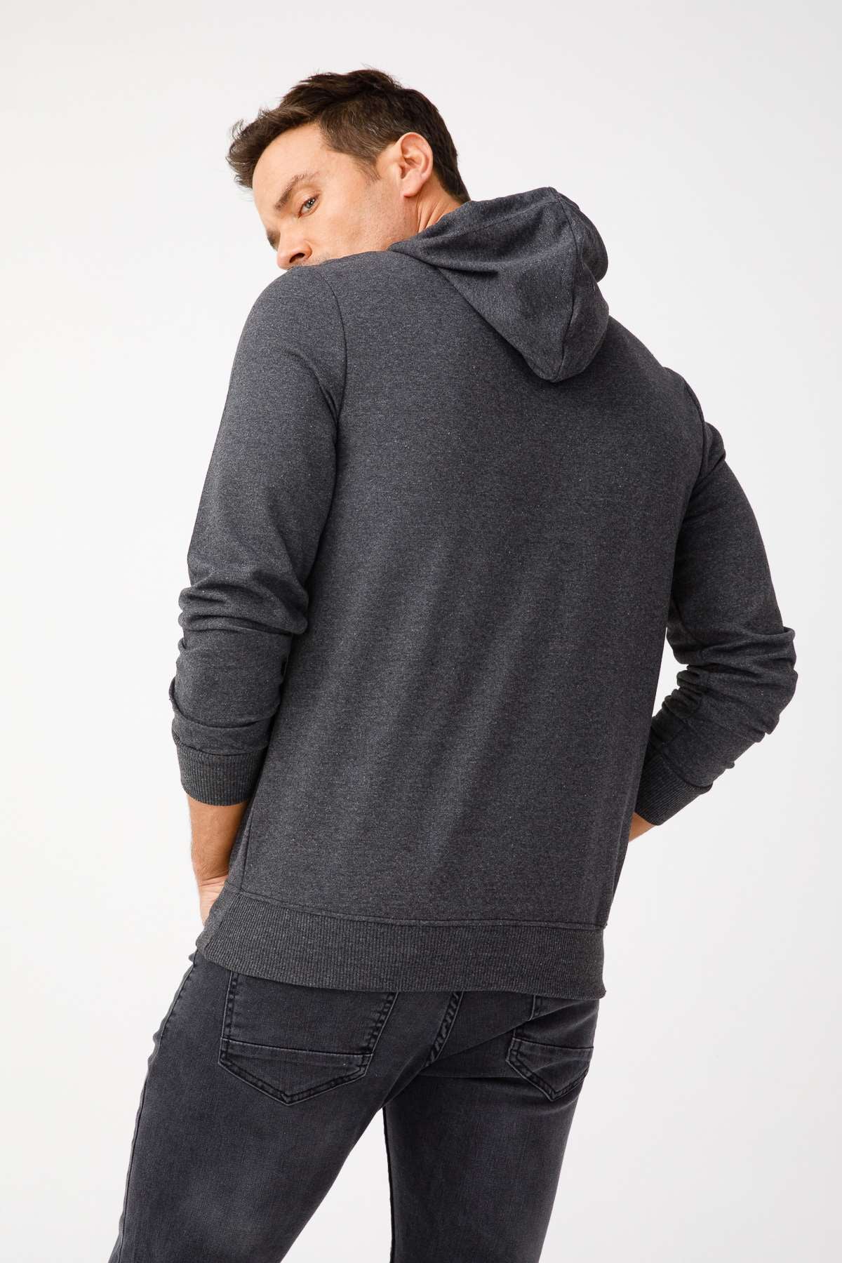 Erkek Antrasit Modernfit / Ekstra Dar Kalıp Kapşonlu Fermuarsız Sweatshirt