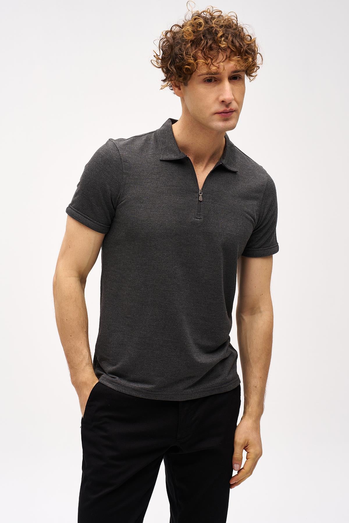 Erkek Antrasit Slim Fit Fermuarlı Polo Yaka Kısa Kollu Tişört