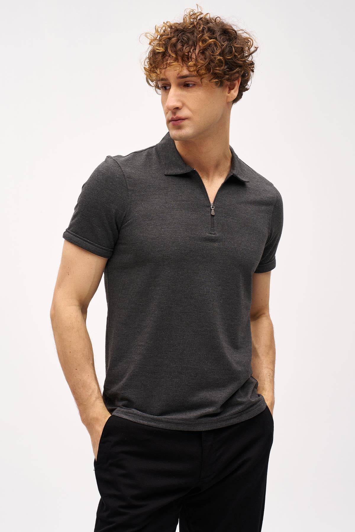Erkek Antrasit Slim Fit Fermuarlı Polo Yaka Kısa Kollu Tişört