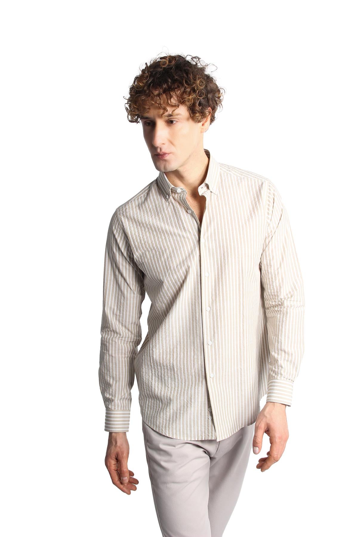 Bej Dynamic Fit  Düğmeli Yaka Çizgili Uzun Kollu Cepsiz %100 Pamuk Gömlek