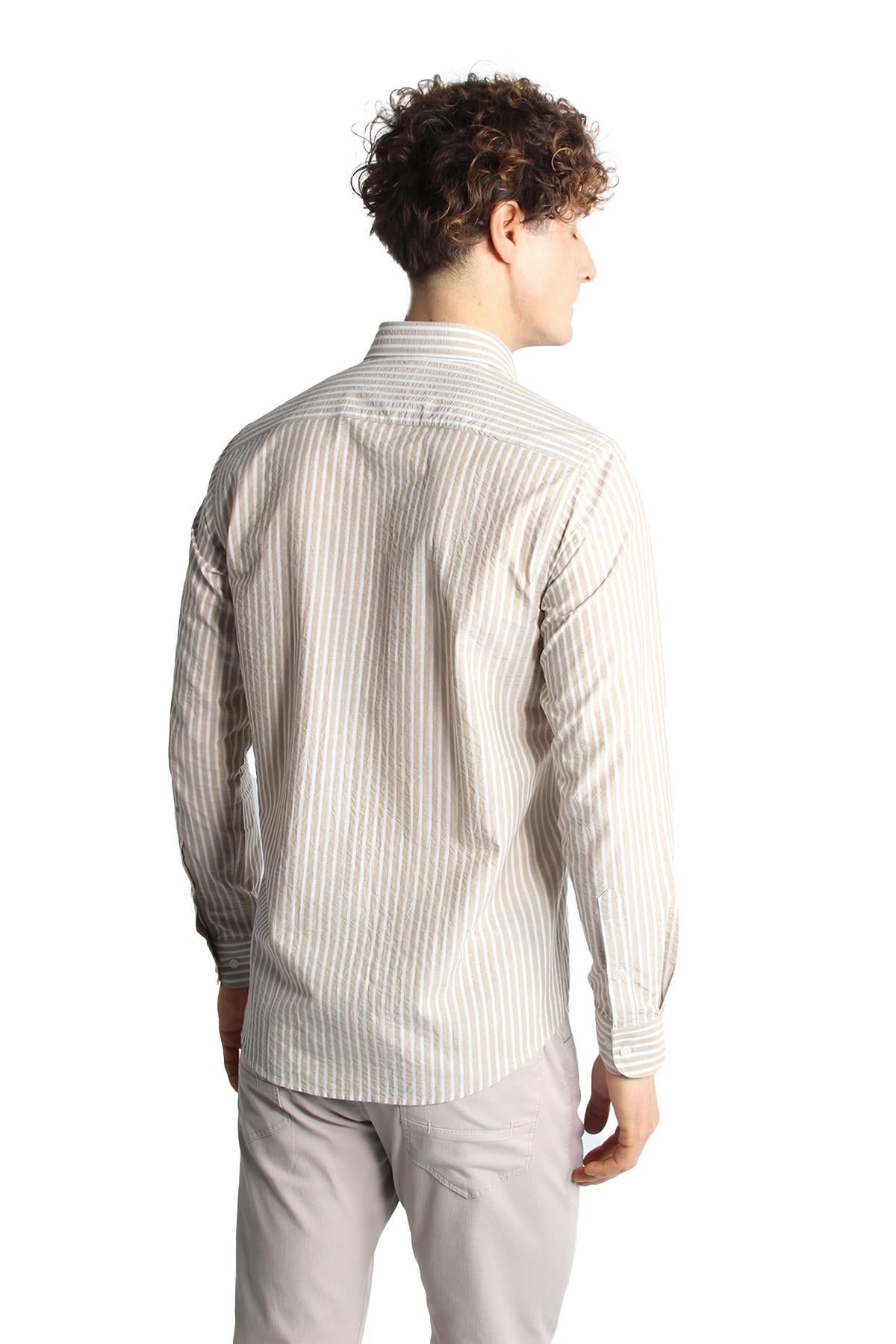 Bej Dynamic Fit  Düğmeli Yaka Çizgili Uzun Kollu Cepsiz %100 Pamuk Gömlek