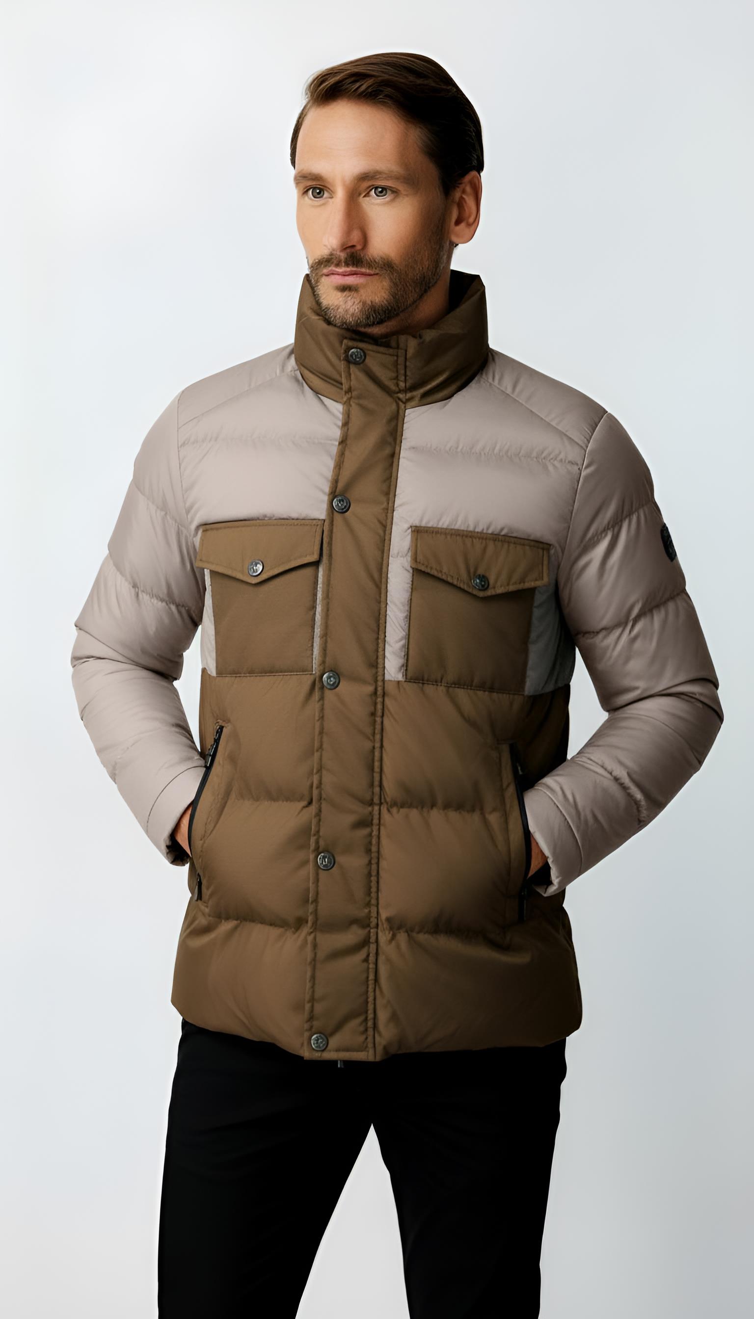 Erkek Dik Yaka Kapitone Şişme Klasik Mont – Bej