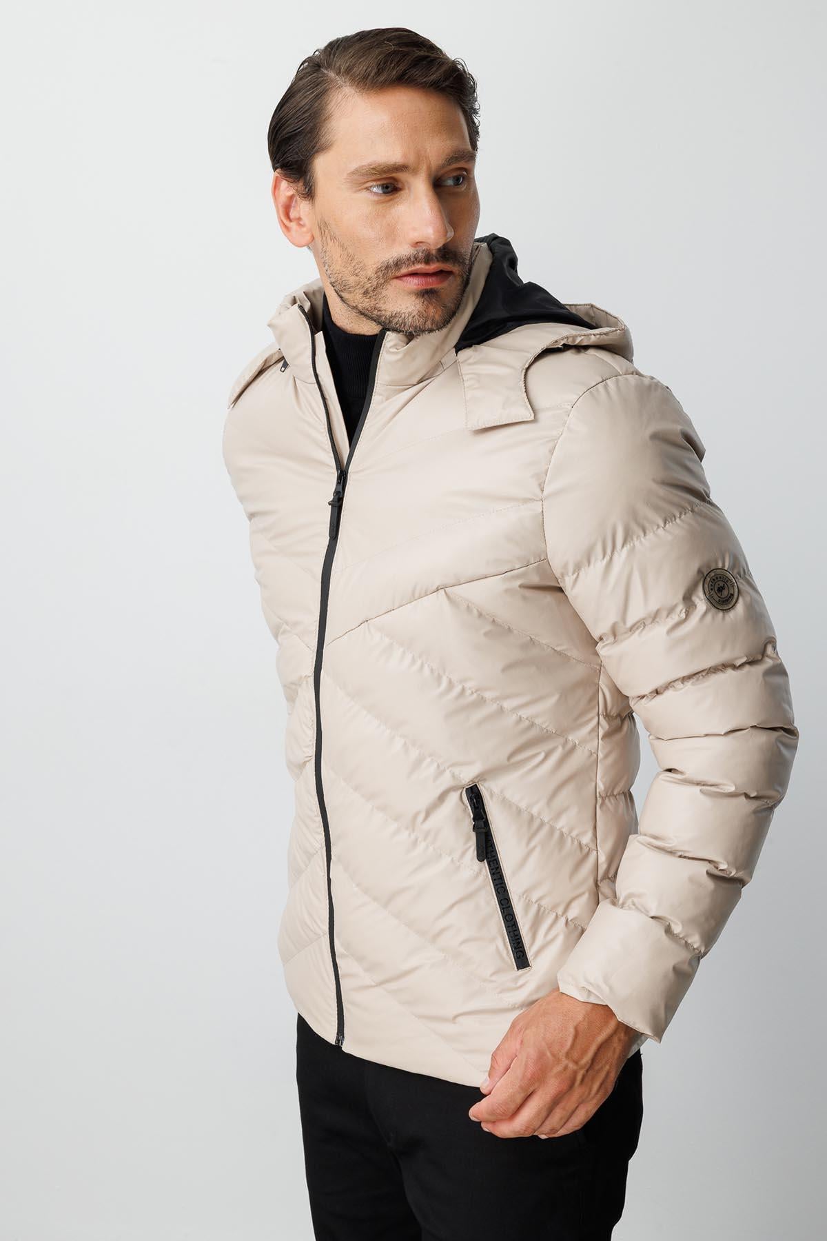 Bej Standart Fit Kapüşonlu Kapitone Şişme Spor Erkek Mont