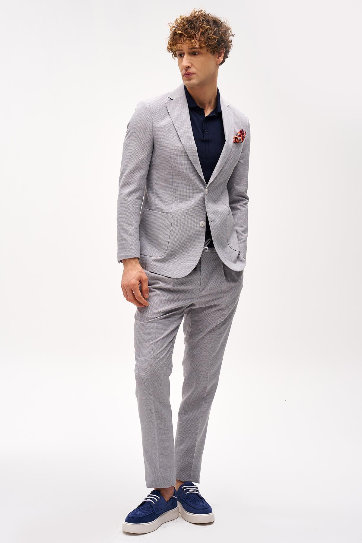 Erkek Bej Slim Fit / Dar Kalıp Mono Yaka Takım Elbise