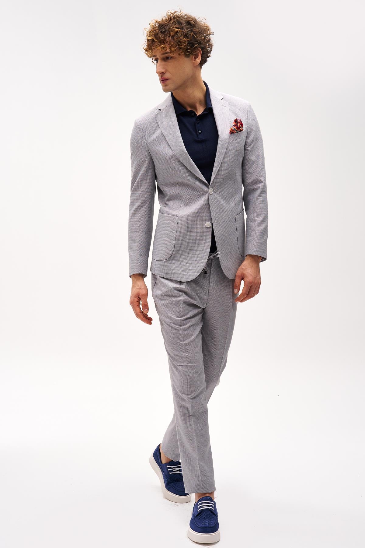 Erkek Bej Slim Fit / Dar Kalıp Mono Yaka Takım Elbise