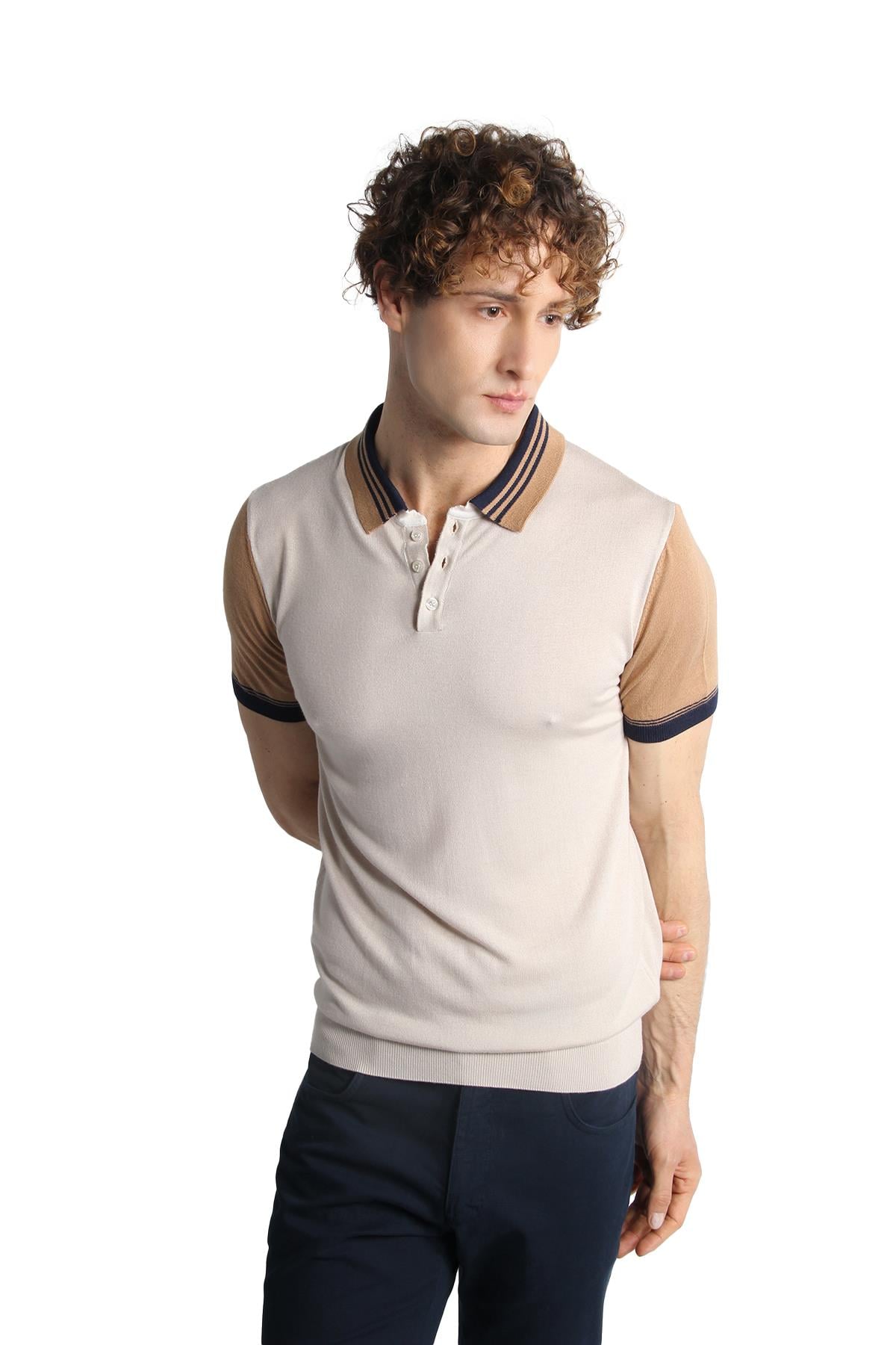 Bej Slim Fit Dar Kalıp Polo Yaka Düz Kısa Kollu Triko Tişört